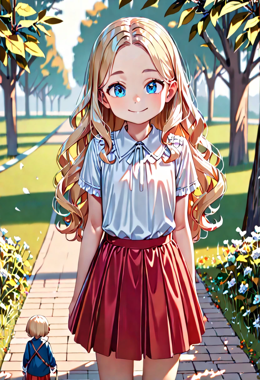 (1 , 9yo, short stature:1.5), sharp face, petite body , slim shoulder,

middle part, (forehead:1.1), shiny hair, blonde hair, long hair, wavy hair,
(small eyes, tareme:1.3), turquoise blue eyes,
white blouse, red skirt,
smile, on grass in park pathway,

BREAK
(masterpiece:1.5), (best quality:1.2), (very aesthetic:1.2), (absurdres:1.2),Depth of Field,

(soft tone, soft line:1.5), soft light, (detailed background:1.5), perfect anatomy, perfect body, perfect hand, perfect face,

Beautiful Detailed Hair, Delicate Details, Vibrant Colors, Ultra Detailed Face, Ultra Realistic Character, Ultra Detailed Cloth,