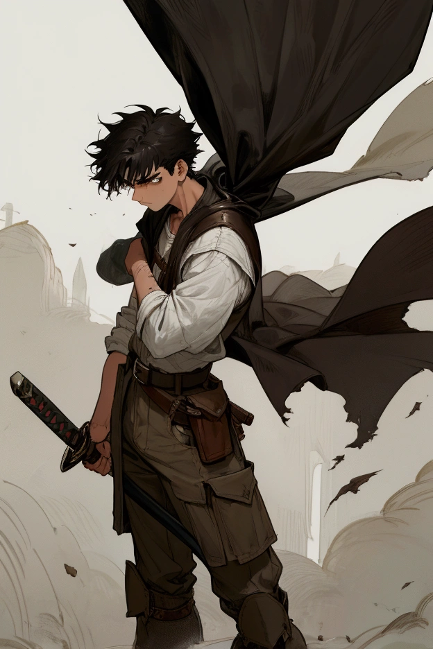 A tall and athletic young adventurer of -18 yestanding at 1.82 m tall. His black hair, slightly messy, falls naturally over his forehead, framing a youthful but serious face. His brown eyes convey a mix of toughness and determination, but also a certain melancholy. His skin shows subtle scars from training and battle, signs that he has lived longer than he appears to.
He wears worn but practical medieval adventurer clothing: a white linen shirt with rolled-up sleeves, dirty and somewhat torn at the edges, covered by a dark brown leather vest with metal reinforcements on the shoulders. He wears a thick leather belt with multiple pockets and sheaths for tools or daggers. Tight, reinforced pants, perfect for combat, with leather straps crossed on the thighs and high boots, worn by constant travel. An old, threadbare black cape, with a simple metal clasp, flutters slightly behind his back, adding an air of mystery and endurance.
At his side, rests an imposing giant sword in the style of Guts from Berserk. The blade is worn and covered in scratches, with a hilt wrapped in old leather that shows the weight of years. Despite the colossal size of the weapon, the young man holds it with ease, demonstrating his trained strength. His serious expression, combined with his worn clothing and his attitude of an experienced warrior, makes him an adventurer who inspires both respect and curiosity.