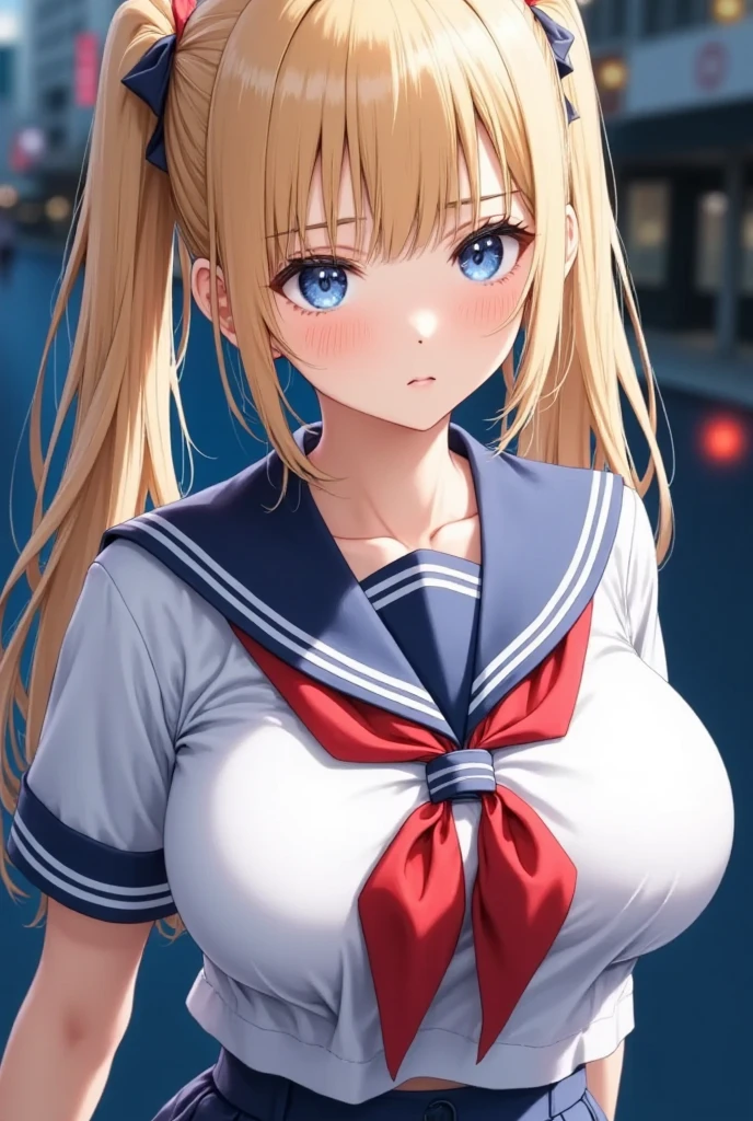 (masterpiece), best quality, expressive eyes, perfect face,girl, 1 girl, 18yo, blonde, twintails, (((big titts))), dark blue eyes, (serious high school girl), school uniform,  sailor suit, middy uniform, (white shirt), red ribbon, (((walking street))), wet hair, standing, (brown school shoes), (full body), ((tsurime)), long shot