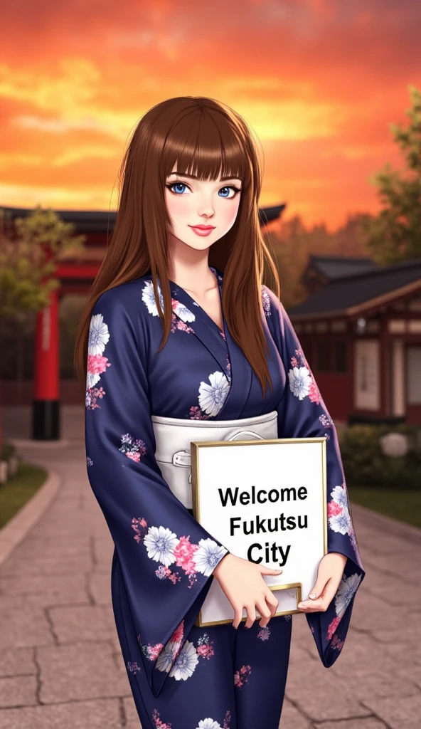  Front view, Name is , Miranda Kerr, 1 woman, beautiful young American woman,  30-age, (Dark brown hair, middle hair , fringe, beautiful dark blue eye, smile), (C cup breasts, wide hip), ( Japanese traditional Dark blue Kimono, kimono's below  flower pattern , White obi with flower pattern ) , White board hold both hands, writing word "Welcome Fukutsu City" front Shinto shrine, The Road of Light , sunset, (super detail, high details, high quality, accurate, anatomically correct, textured skin, beautiful fingers super detail, high details, high quality, best quality)