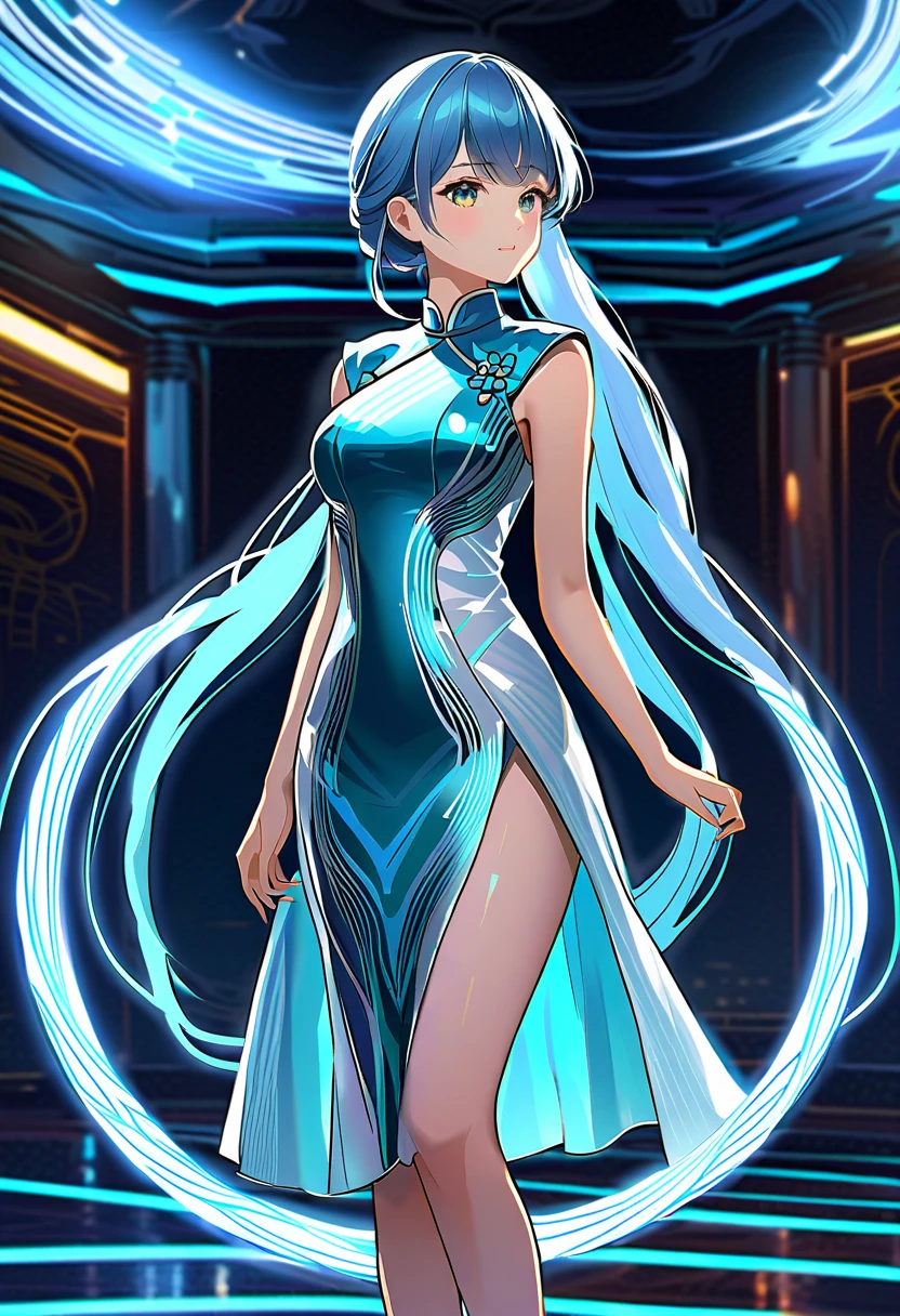 Create an image of a futuristic female character wearing a modernized qipao dress that integrates a realistic hologram effect. The dress should emit glowing, translucent light patterns resembling flowing energy lines or shimmering digital particles. The holographic design should move subtly across the dress, appearing dynamic, like augmented reality visuals, with intricate, The hologram effect should feel like it is projecting from the fabric itself in a sci-fi,The overall look is elegant, modern, and technologically advanced, with light-blue, neon accents and soft reflections of light, best quality, masterpiece, present.