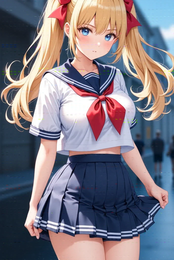 (masterpiece), best quality, expressive eyes, perfect face,girl, 1 girl, 18yo, blonde, twintails, (((big titts))), dark blue eyes, (serious high school girl), school uniform,  sailor suit, middy uniform, (white shirt), red ribbon, (((((walking street))))), wet hair, standing, (brown school shoes), (full body), ((tsurime)), long shot, smile