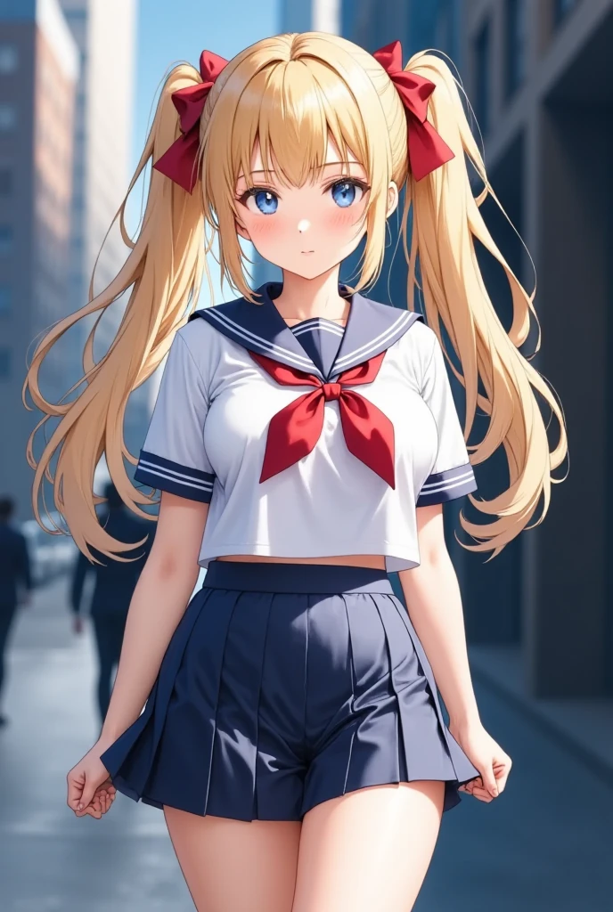 (masterpiece), best quality, expressive eyes, perfect face,girl, 1 girl, 18yo, blonde, twintails, (((big titts))), dark blue eyes, (serious high school girl), school uniform,  sailor suit, middy uniform, (white shirt), red ribbon, (((((walking street))))), wet hair, standing, (brown school shoes), (full body), ((tsurime)), long shot, smile