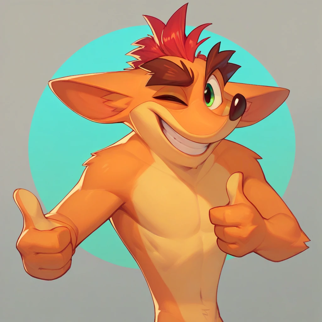 Crash Bandicoot,Furry,Orange Fur,Light Orange Under Belly,Green Eyes,Mohawk,Red Hair,Thick Eyebrows,Dark Brown Nose,Big Pointy Ears,naked.nude,solo,thumbs up,smile,wink,laboratory background, 