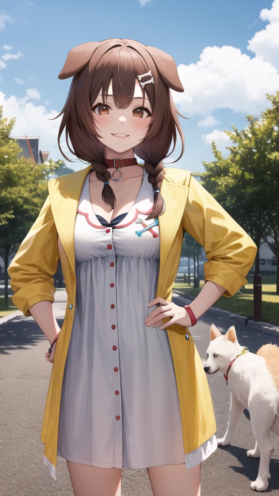 masterpiece, best quality, highres, ik1, 1girl, white dress, yellow jacket, dog tail, animal collar, cleavage, medium breasts, wristband, cartoon bone, hairclip, cowboy shot, standing, outdoors, smile, hand on hip,