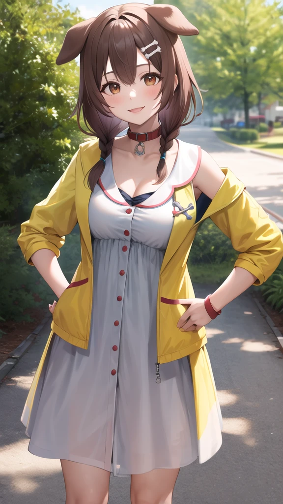 masterpiece, best quality, highres, ik1, 1girl, white dress, yellow jacket, dog tail, animal collar, cleavage, medium breasts, wristband, cartoon bone, hairclip, cowboy shot, standing, outdoors, smile, hand on hip,