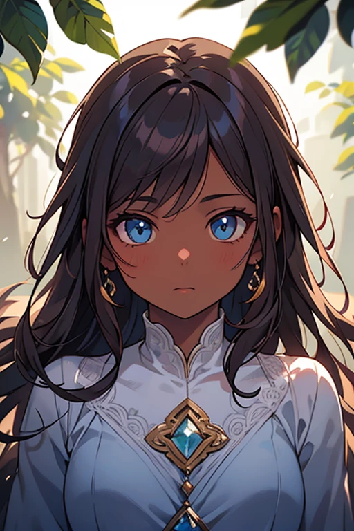 A beautiful young girl with dark skin, detailed facial features, elegant pose, soft lighting, dreamlike atmosphere, ethereal, magical realism, cinematic, 8K, high quality, masterpiece, photorealistic, intricate details, vibrant colors, balanced composition, natural lighting, seamless blending, striking contrast, dramatic shadows, glowing highlights, flawless skin, mesmerizing eyes, radiant expression, delicate features, flowing hair, graceful movements, serene setting, lush foliage, dreamlike quality, atmospheric haze, cinematic framing, professional quality, exquisite craftsmanship