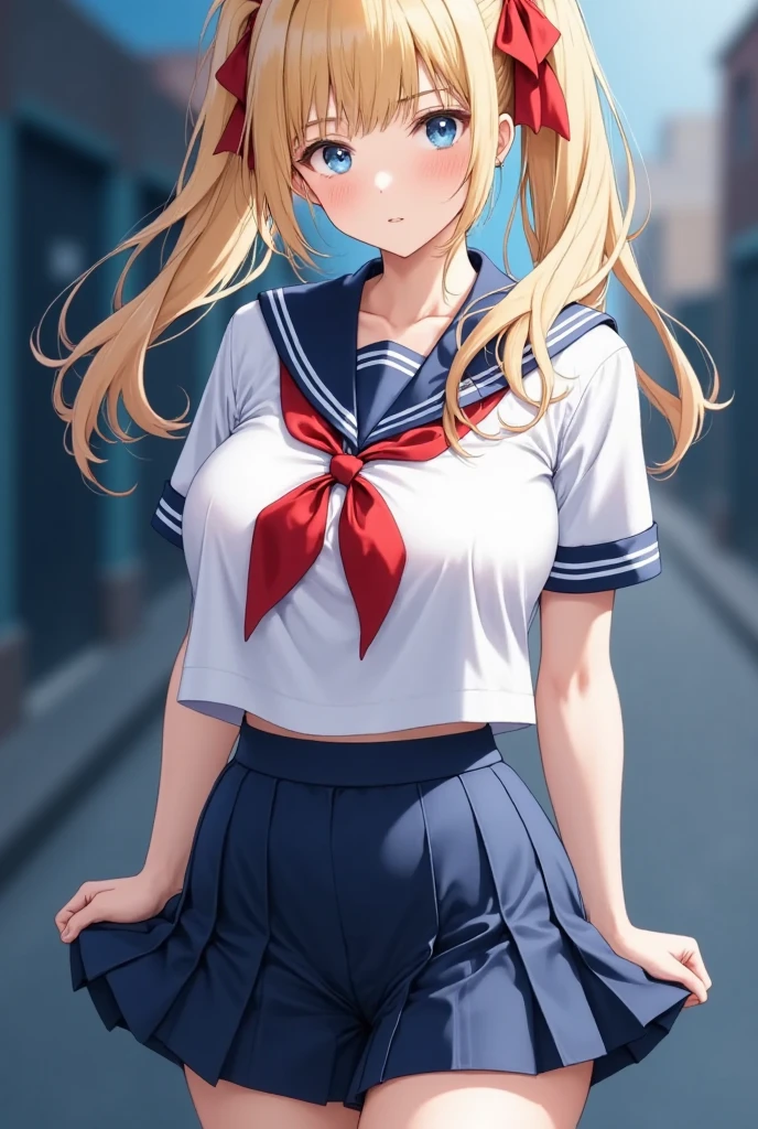 (masterpiece), best quality, expressive eyes, perfect face,girl, 1 girl, 18yo, blonde, twintails, (((big titts))), dark blue eyes, (serious high school girl), school uniform,  sailor suit, middy uniform, (white shirt), red ribbon, (((((walking street))))), wet hair, standing, (brown school shoes), (full body), ((tsurime)), long shot, smile