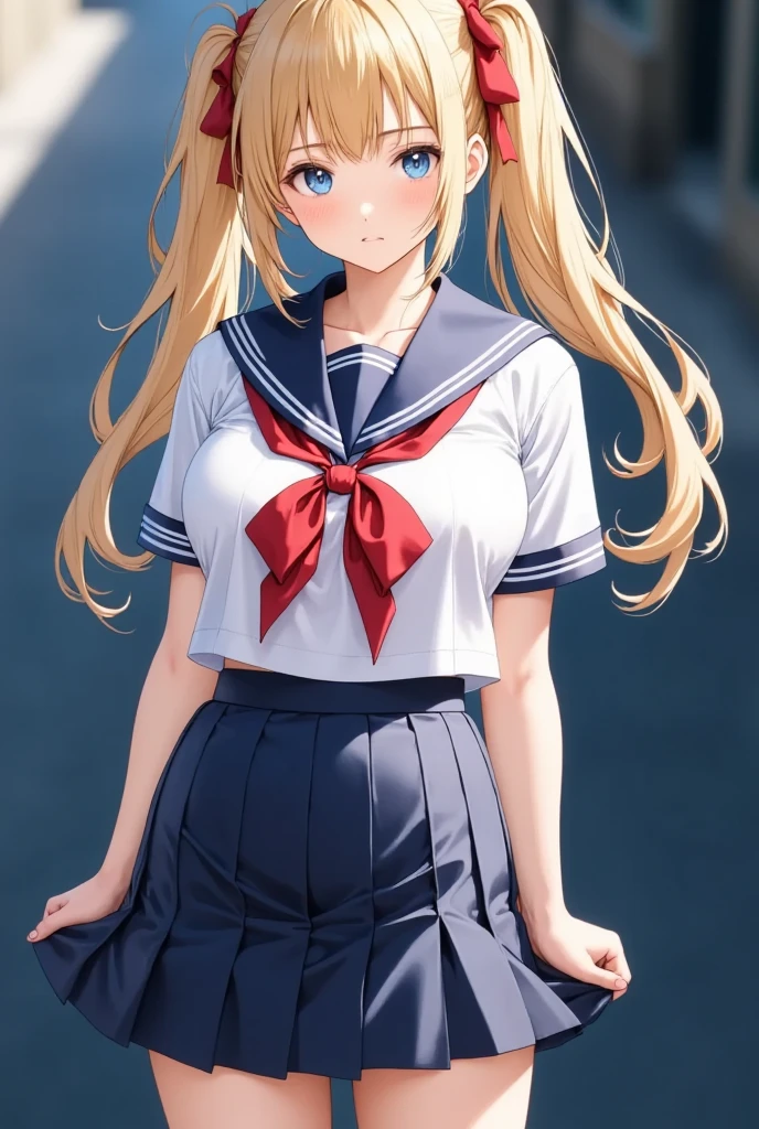 (masterpiece), best quality, expressive eyes, perfect face,girl, 1 girl, 18yo, blonde, twintails, (((big titts))), dark blue eyes, (serious high school girl), school uniform,  sailor suit, middy uniform, (white shirt), red ribbon, (((((walking street))))), wet hair, standing, (brown school shoes), (full body), ((tsurime)), long shot, smile