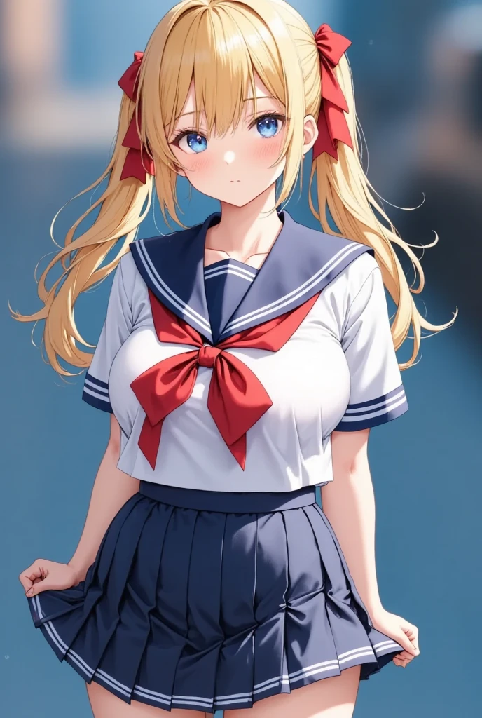 (masterpiece), best quality, expressive eyes, perfect face,girl, 1 girl, 18yo, blonde, twintails, (((big titts))), dark blue eyes, (serious high school girl), school uniform,  sailor suit, middy uniform, (white shirt), red ribbon, (((((walking street))))), wet hair, standing, (brown school shoes), (full body), ((tsurime)), long shot, smile