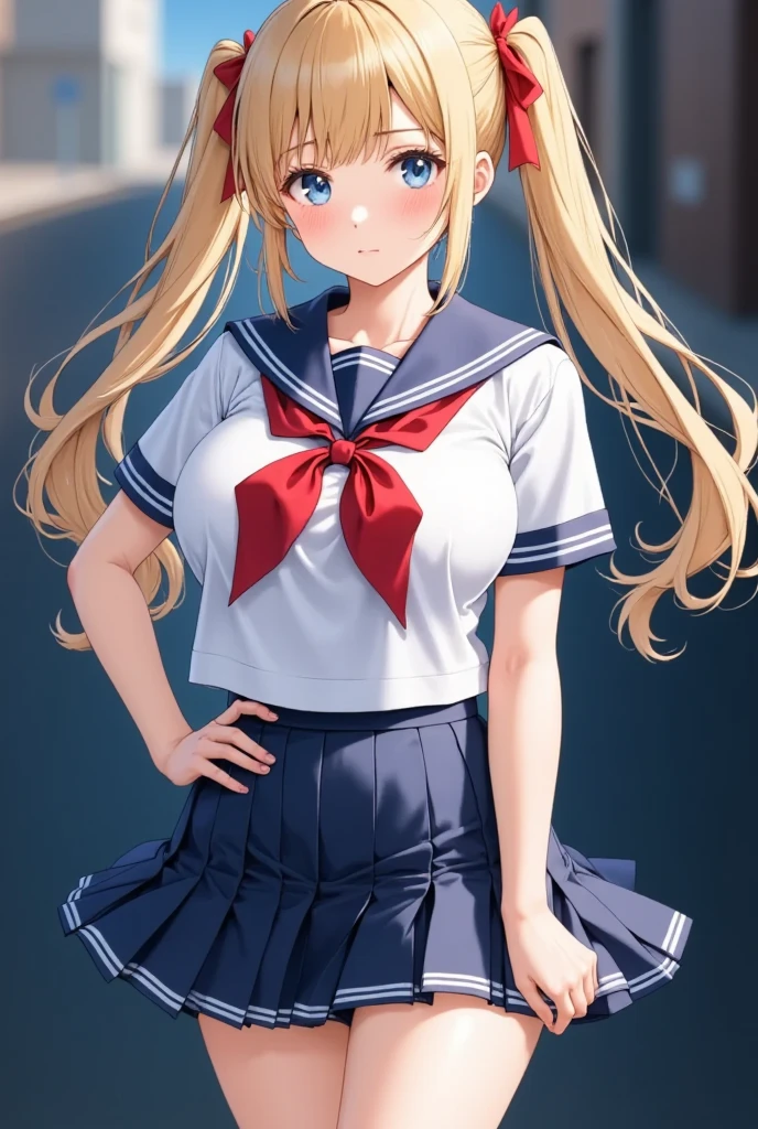 (masterpiece), best quality, expressive eyes, perfect face,girl, 1 girl, 18yo, blonde, twintails, (((big titts))), dark blue eyes, (serious high school girl), school uniform,  sailor suit, middy uniform, (white shirt), red ribbon, (((((walking street))))), wet hair, standing, (brown school shoes), (full body), ((tsurime)), long shot, smile