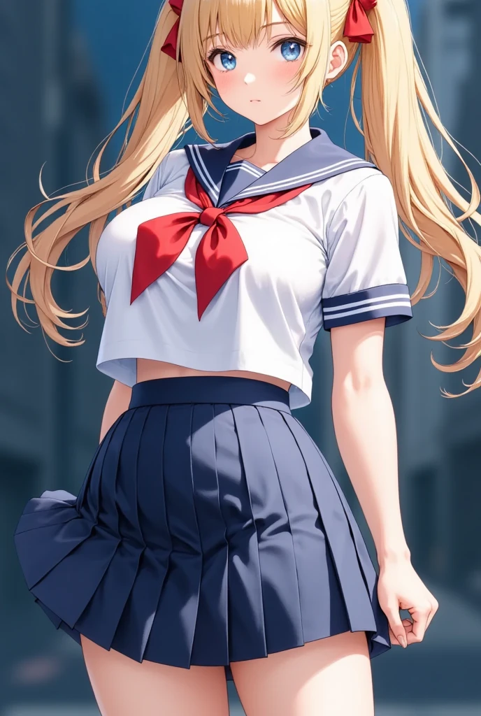 (masterpiece), best quality, expressive eyes, perfect face,girl, 1 girl, 18yo, blonde, twintails, (((big titts))), dark blue eyes, (serious high school girl), school uniform,  sailor suit, middy uniform, (white shirt), red ribbon, (((((walking street))))), wet hair, standing, (brown school shoes), (full body), ((tsurime)), long shot, smile