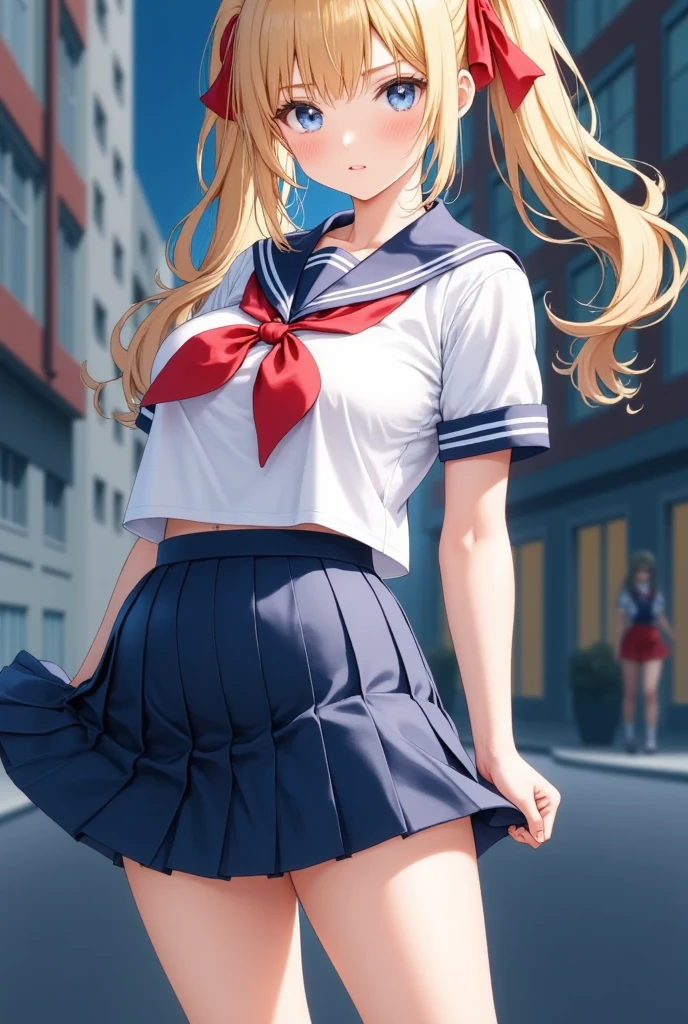 (masterpiece), best quality, expressive eyes, perfect face,girl, 1 girl, 18yo, blonde, twintails, (((big titts))), dark blue eyes, (serious high school girl), school uniform,  sailor suit, middy uniform, (white shirt), red ribbon, (((((walking street))))), wet hair, standing, (brown school shoes), (full body), ((tsurime)), long shot, smile