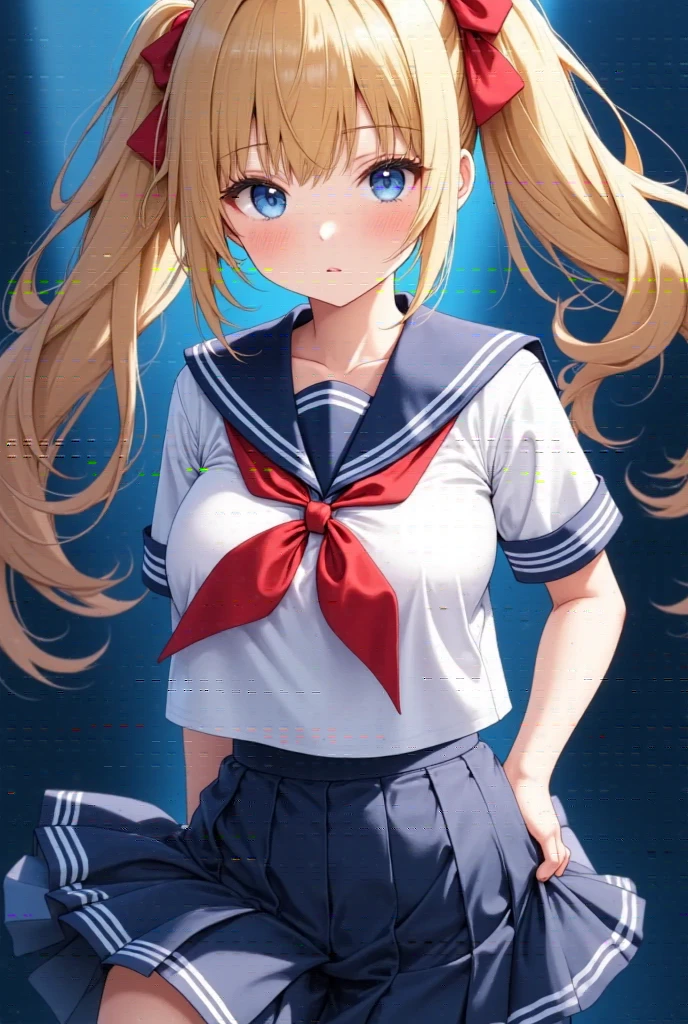 (masterpiece), best quality, expressive eyes, perfect face,girl, 1 girl, 18yo, blonde, twintails, (((big titts))), dark blue eyes, (serious high school girl), school uniform,  sailor suit, middy uniform, (white shirt), red ribbon, (((((walking street))))), wet hair, standing, (brown school shoes), (full body), ((tsurime)), long shot, smile