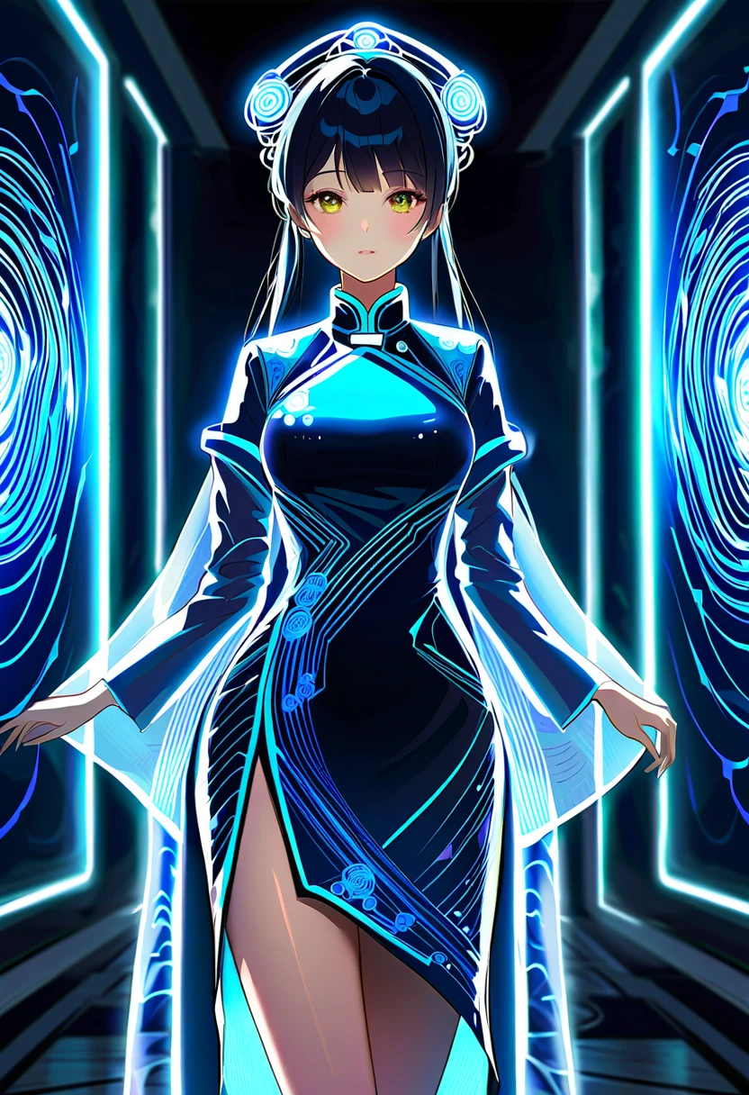 Create an image of a futuristic female character wearing a modernized qipao dress that integrates a realistic hologram effect. The dress should emit glowing, translucent light patterns resembling flowing energy lines or shimmering digital particles. The holographic design should move subtly across the dress, appearing dynamic, like augmented reality visuals, with intricate, The hologram effect should feel like it is projecting from the fabric itself in a sci-fi,The overall look is elegant, modern, and technologically advanced, neon accents and soft reflections of light, best quality, masterpiece, present.