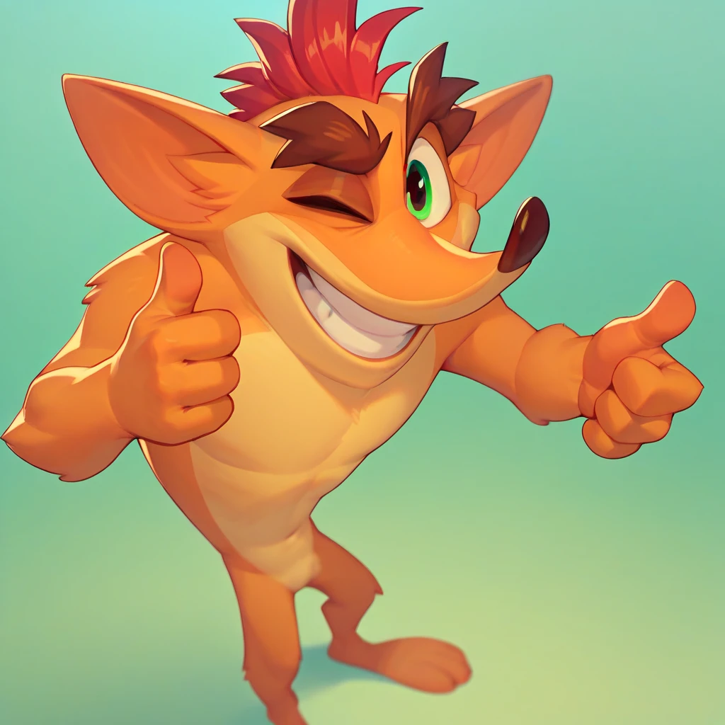 Crash Bandicoot,Furry,Orange Fur,Light Orange Under Belly,Green Eyes,Mohawk,Red Hair,Thick Eyebrows,Dark Brown Nose,Big Pointy Ears,naked.nude,solo,thumbs up,smile,wink,full body view.laboratory background, 