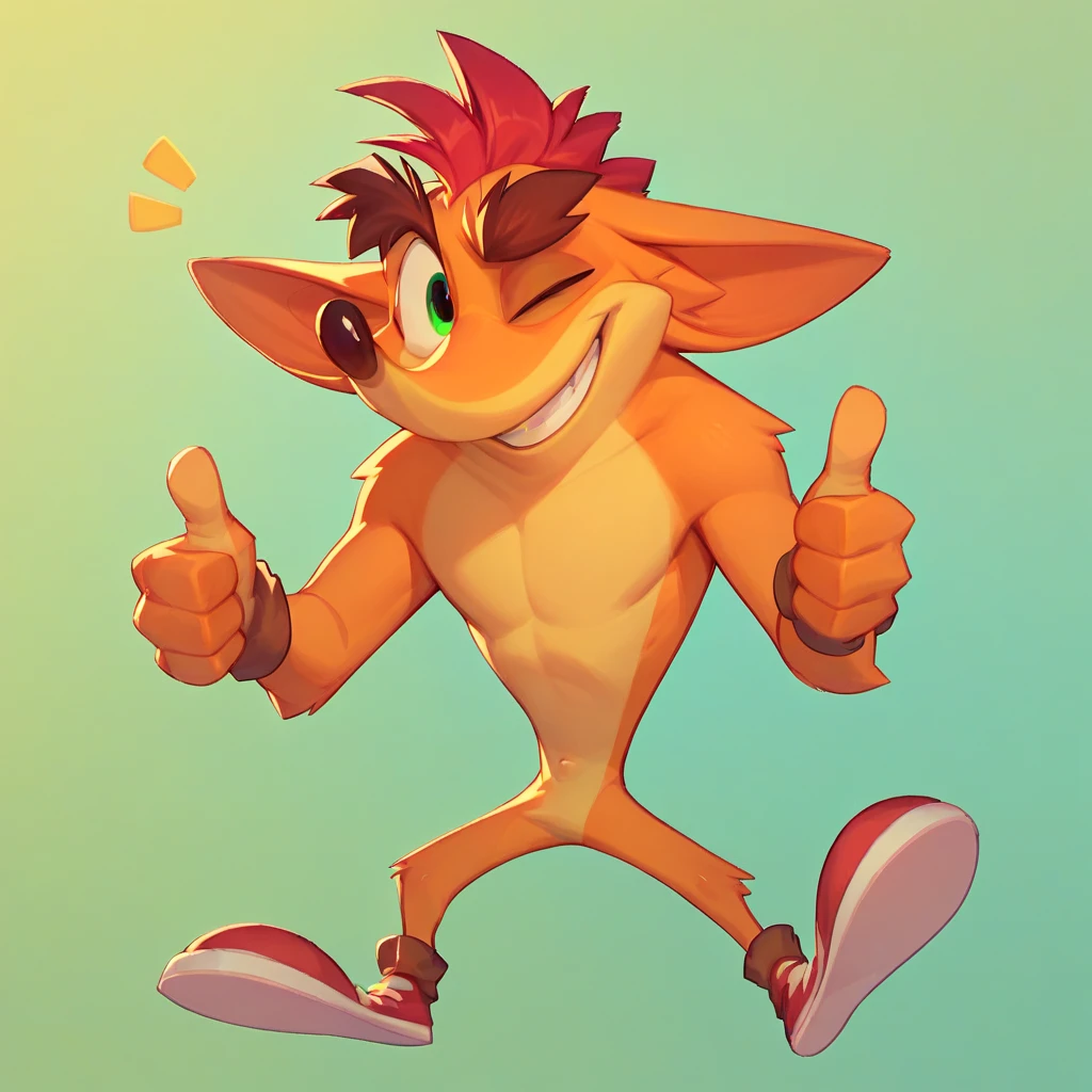 Crash Bandicoot,Furry,Orange Fur,Light Orange Under Belly,Green Eyes,Mohawk,Red Hair,Thick Eyebrows,Dark Brown Nose,Big Pointy Ears,naked.nude,solo,thumbs up,smile,wink,full body view.laboratory background, 