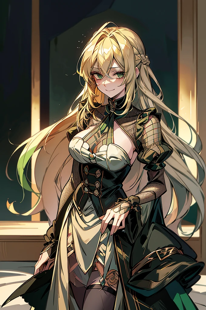 German upper class,tomboy,glamorous,Naughty,cool,young lady, (((Blonde intake,long hair))),((Green Mesh hair)),emerald eyes.tsurime,1939s,in the Luxurious bed room, (((anime style))),,messy hair,Ladylike and elegant,standing,smileing