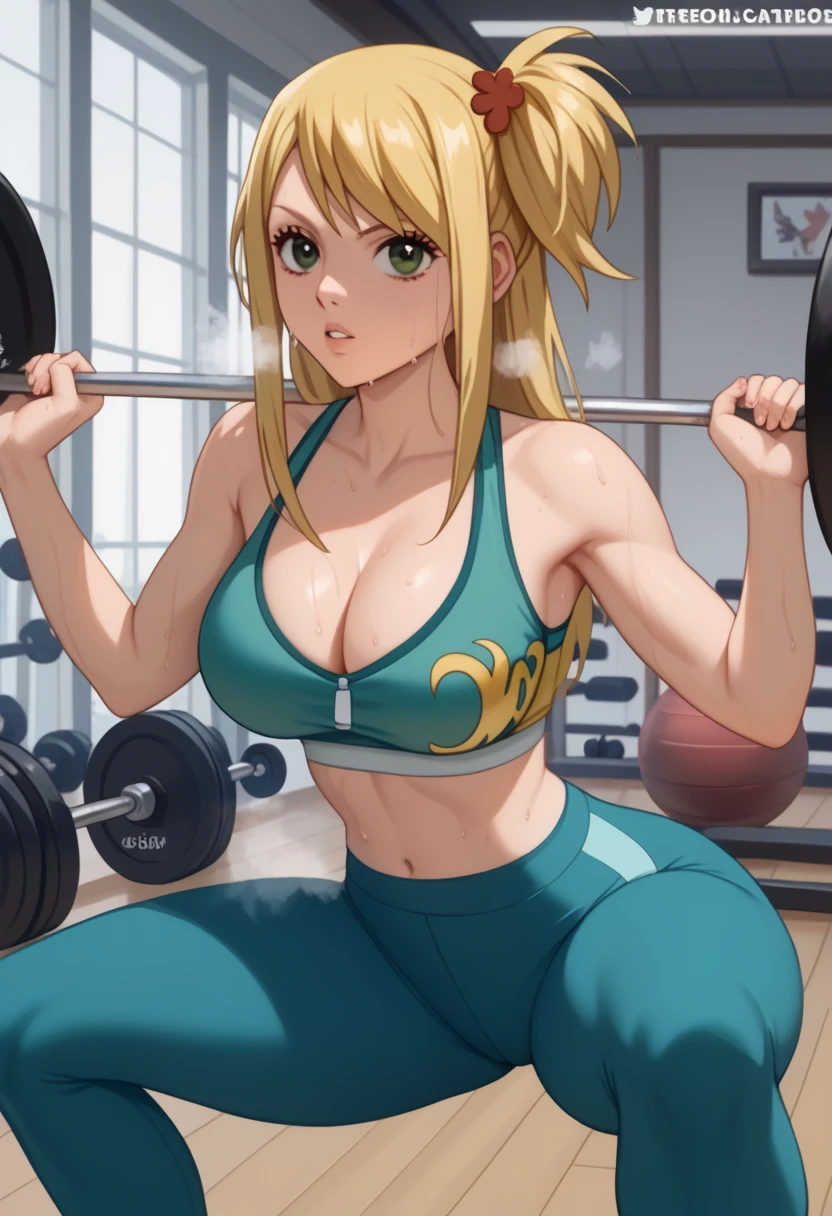 Masterpiece, perfect face, lucy heartfilia, long hair, blonde hair, brown eyes, short sporty short,  tits almost visible, big tits, big hips, thin waist, bubble butt,  squat exercise, squat (exercise), barbell, weightlifting, exercising, weights, gym, squatting, yoga pants, sports bra, cleavage sweat, steam, parted lips, pov from behind, look at the viewer 