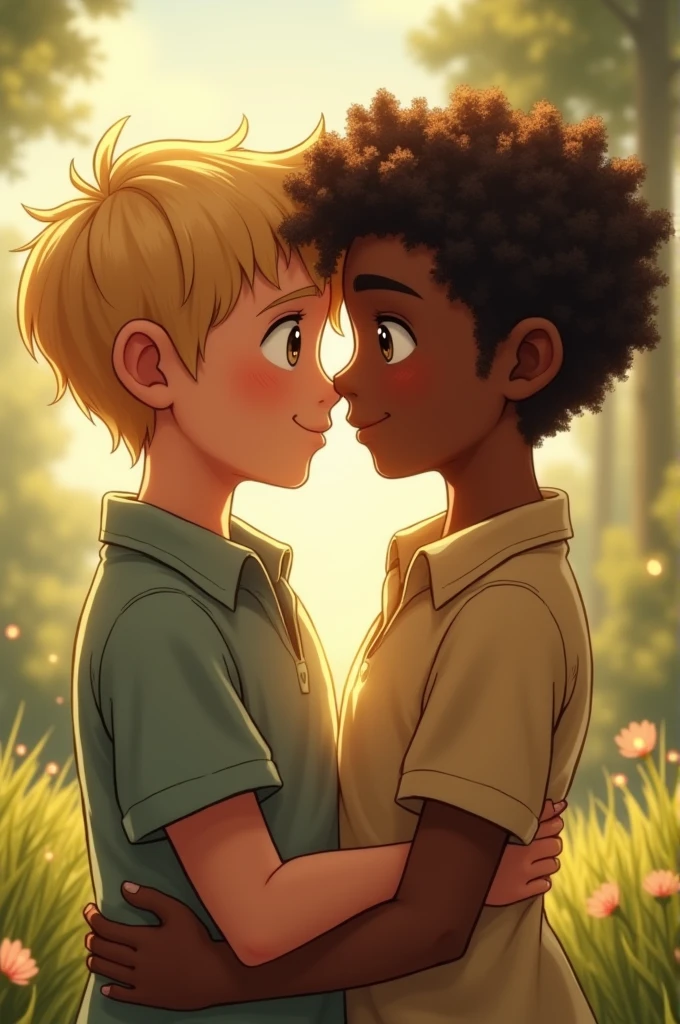 k skined boy hugging a light skinned boy in anime 