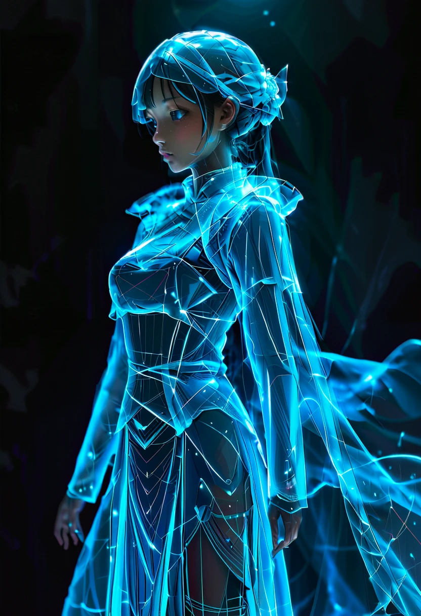 Create an image of a futuristic female character wearing a modernized qipao dress that integrates a realistic hologram effect. The dress should emit glowing, translucent light patterns resembling flowing energy lines or shimmering digital particles. The holographic design should move subtly across the dress, appearing dynamic, like augmented reality visuals, with intricate, The hologram effect should feel like it is projecting from the fabric itself in a sci-fi,The overall look is elegant, modern, and technologically advanced, neon accents and soft reflections of light, best quality, masterpiece, present.