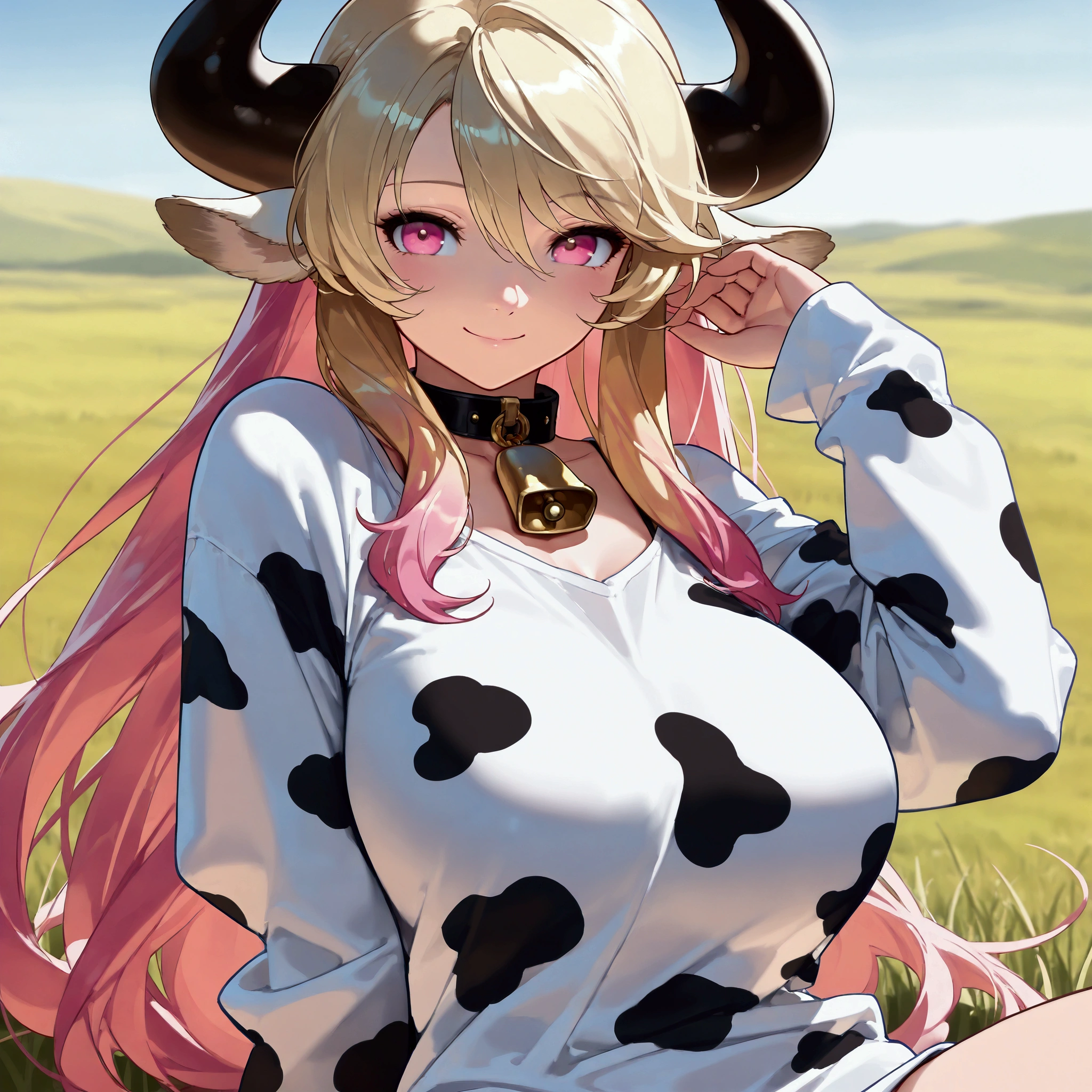 portrait, monster girl, solo, Quiet personality, cheerful smile, cow girl, long hair, blonde hair with pink ends, cow horns, pink eyes, large breasts, Collar bell, oversized clothes, cow print shirt, long sleeves, curvy, fantasy, Divine light, adjusting hair, sitting, outdoors, Grassy field, day, (best quality,4k,8k,highres,masterpiece:1.2),ultra-detailed,intricate details, high fashion, dramatic lighting, warm colors, chiaroscuro