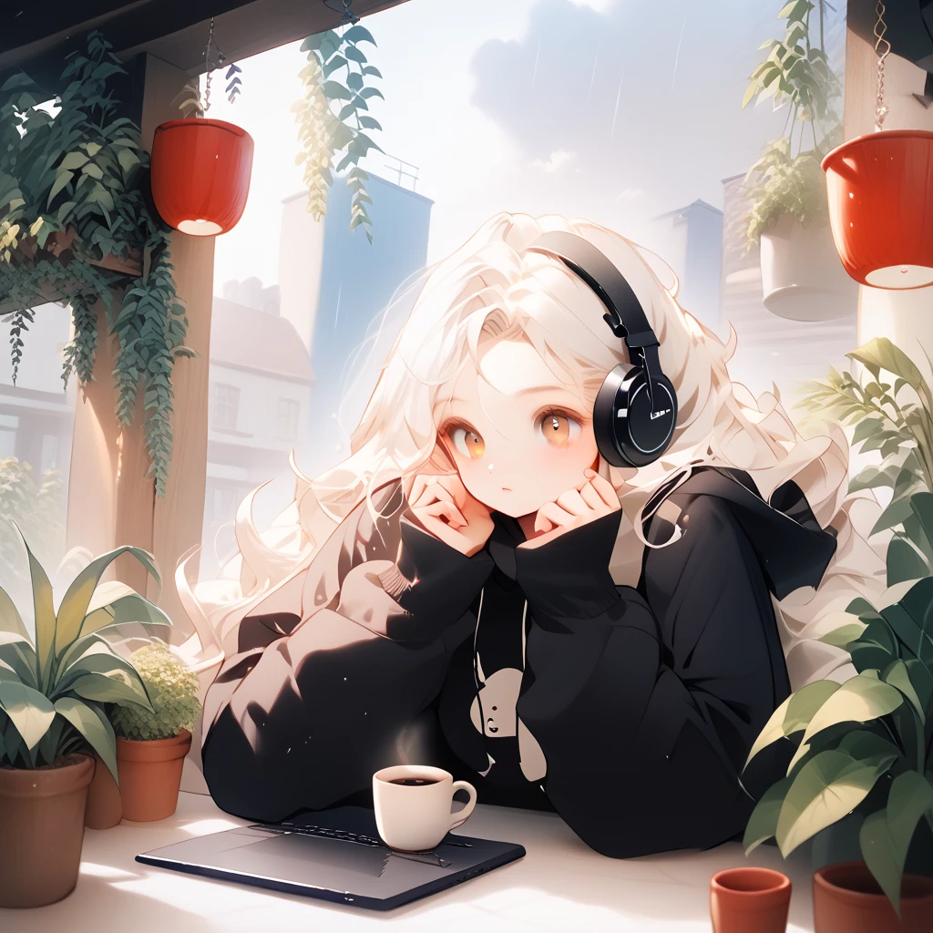 The most beautiful girl ever, Cafe、 headphones、rain、white hair, Long Hair, High Resolution, High Resolution, High Details, brown eyes, curly hair, coffee, oversized hoodie, laptop, tablet, lots of coffee mugs, plants in background with cafe, 