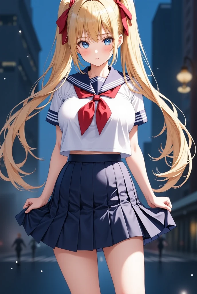 (masterpiece), best quality, expressive eyes, perfect face,girl, 1 girl, 18yo, Blonde, twintails, (((big titts))), dark blue eyes, (serious high school girl), school uniform,  sailor suit, middy uniform, (white shirt), red ribbon, (((((walking street))))), wet hair, standing, (brown school shoes), (full body), ((tsurime)), long shot, smile, ((( evening cityscape)))