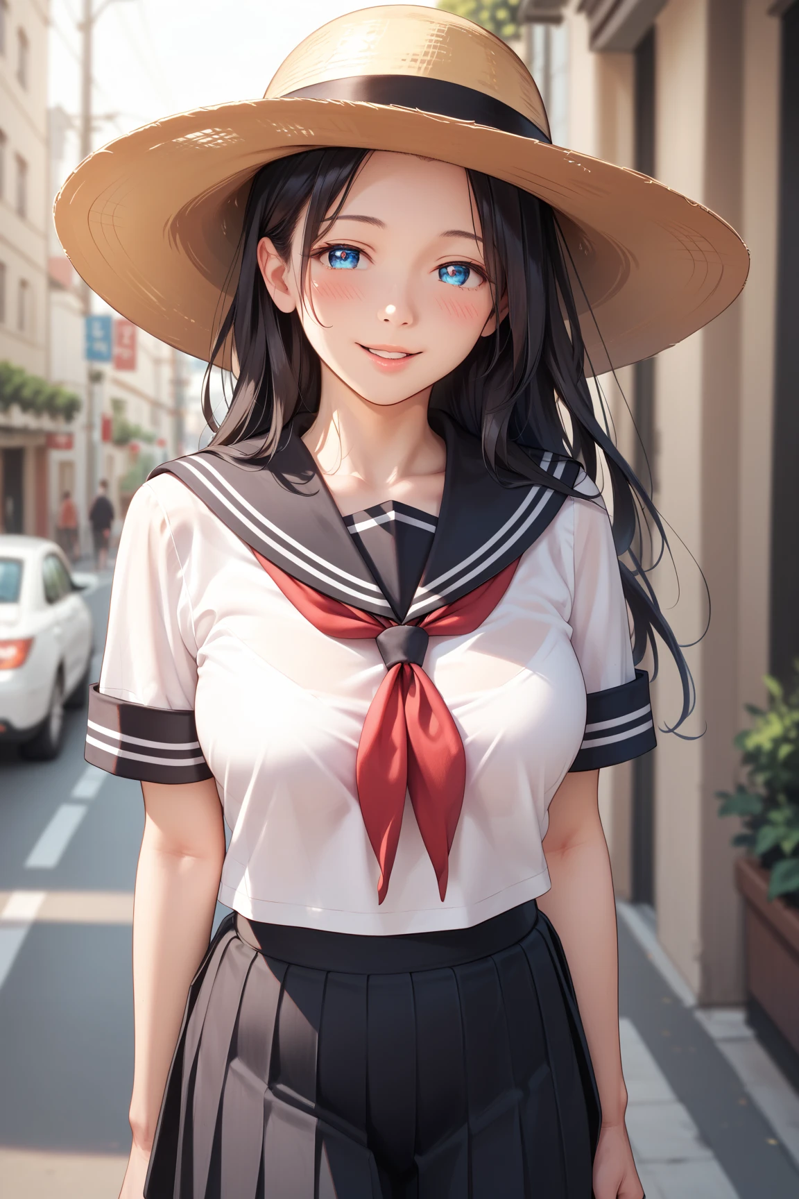 (masterpiece, best quality), extremely delicate detailed, beautiful artwork, 8k, Ultra high resolution, photorealistic, depth of field, cowboy shot, (no hat:1.3), bright natural light, (A superb beautiful lady), 1 girl, beautiful face, blush, (matured, Adult female), Blue eyes, eyes in highlight, catch light eyes, specular highlight eyes, (finely beautiful eyes), collarbone, large and beautiful breasts, (long hair, black hair), high school uniform, (short hem black sailor uniform:1.3), (tented shirt:1.2), black pleated skirt, (red neckerchief), sensual face, naughty smile, parted lips, blush, standing, Capital, Street,