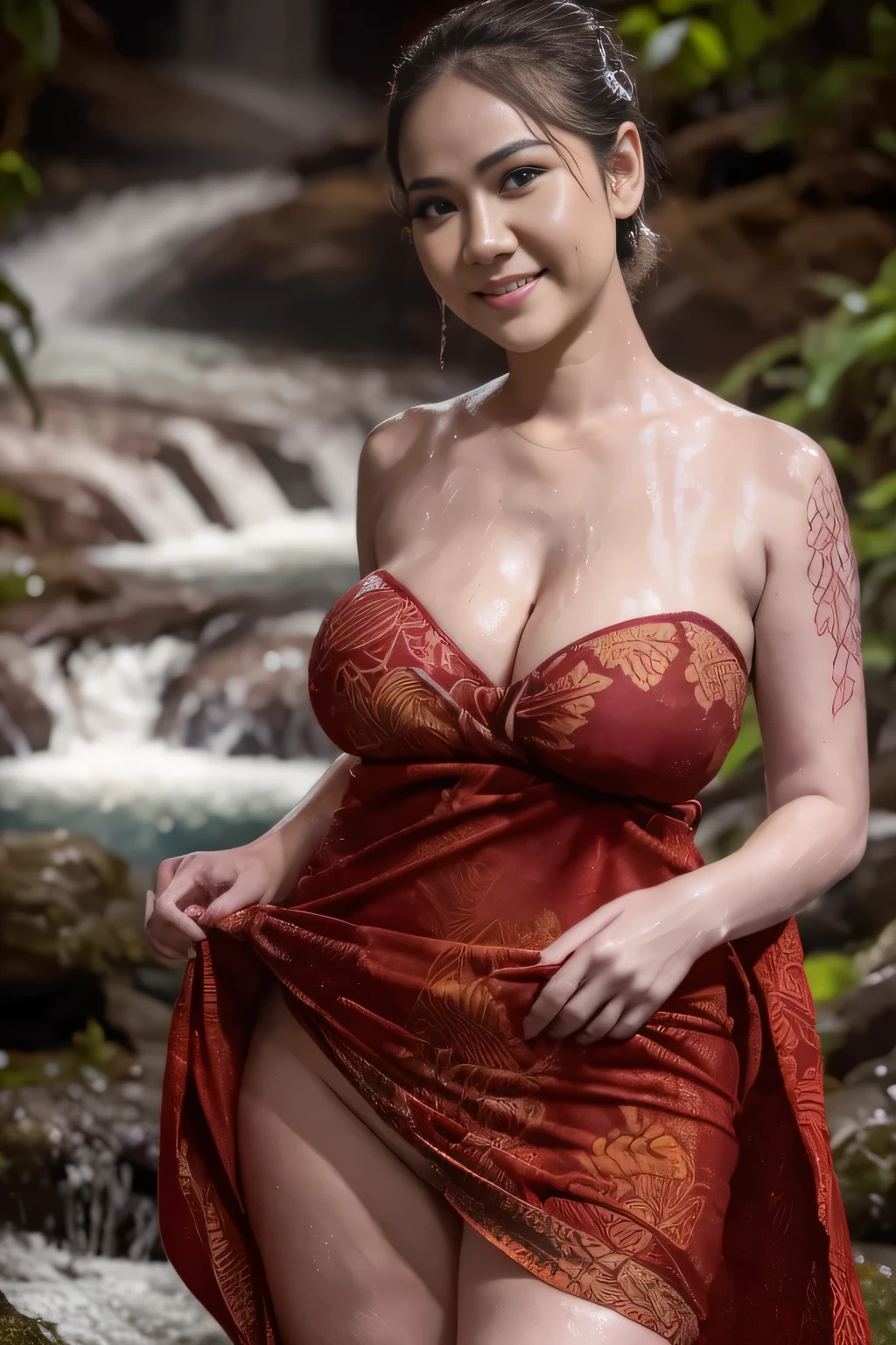 hd,high quality,4k,hyper realistic,masterpiece,((big )),((kain sarong)),((night dirty jungle)),low lighting,(()),((night time)),((standing))(((upper body))),detail face,,body ink tattoo,short hair,cute smirk teen,perfect wet soaked body, wet clothes, (big breasts:1.5), cleavage cutout, open breast, black chignon hair, open stand, realistic, (heavy hairy pubic:1.3), Soft smile, thick thighs, woman standing in the waterfall in a dark red batik patterned kebaya short dress, she is about 20 years old, pale white skin 