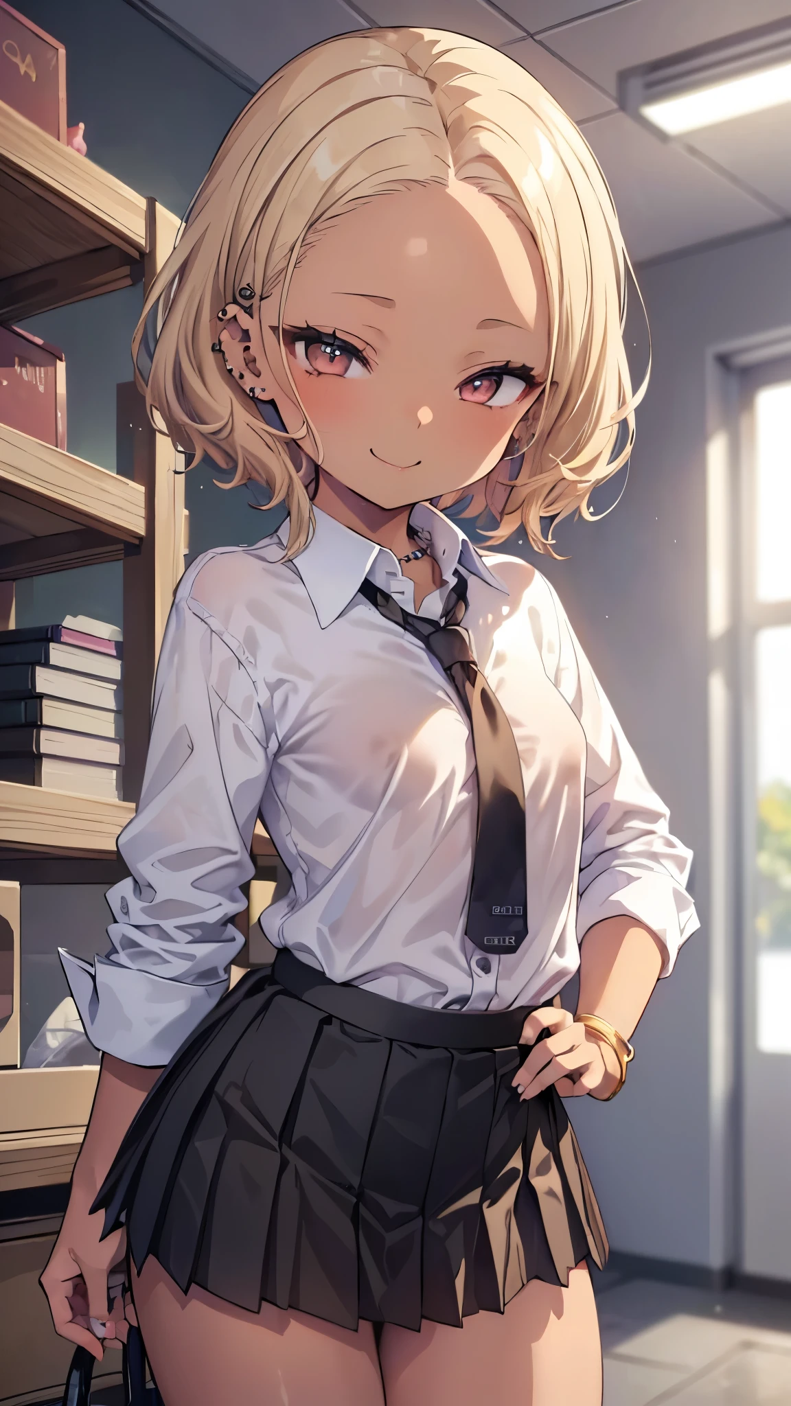 ((masterpiece、 top quality、 very detailed))、 One Girl 、(( brown skin:1.3))、Blonde、 short hair、 wavy hair 、((Forehead:1.2))、 gray eyes、evil smile、((lots of piercing))、(( small breasts))、(( collared shirt ))、((open clothes))、(( black pleated skirt))、((micro miniskirt ))、 Cowboy Shot 、Gym storeroom