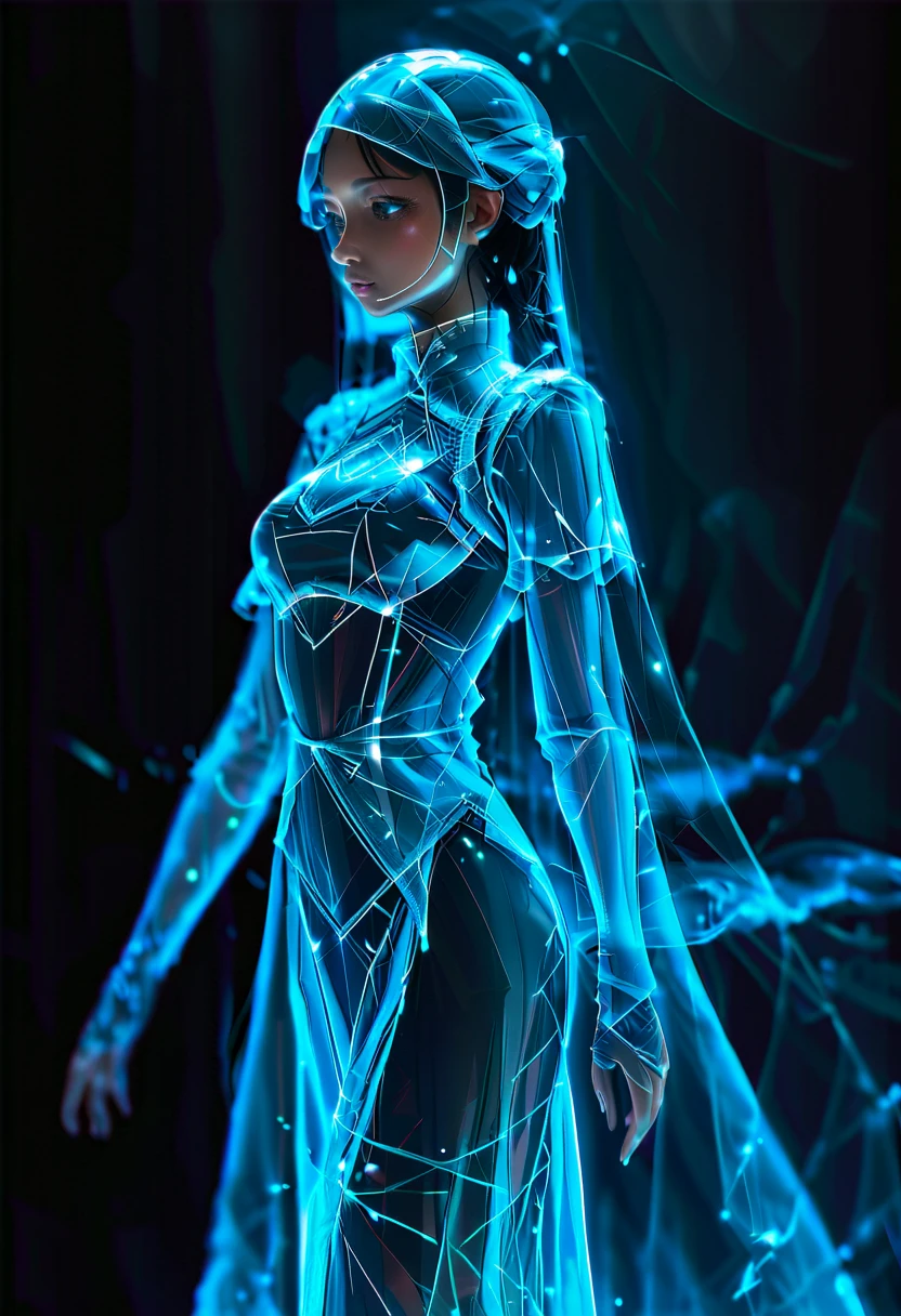 Create an image of a futuristic female character wearing a modernized qipao dress that integrates a realistic hologram effect. The dress should emit glowing, translucent light patterns resembling flowing energy lines or shimmering digital particles. The holographic design should move subtly across the dress, appearing dynamic, like augmented reality visuals, with intricate, The hologram effect should feel like it is projecting from the fabric itself in a sci-fi,The overall look is elegant, modern, and technologically advanced, neon accents and soft reflections of light, best quality, masterpiece, present, except head