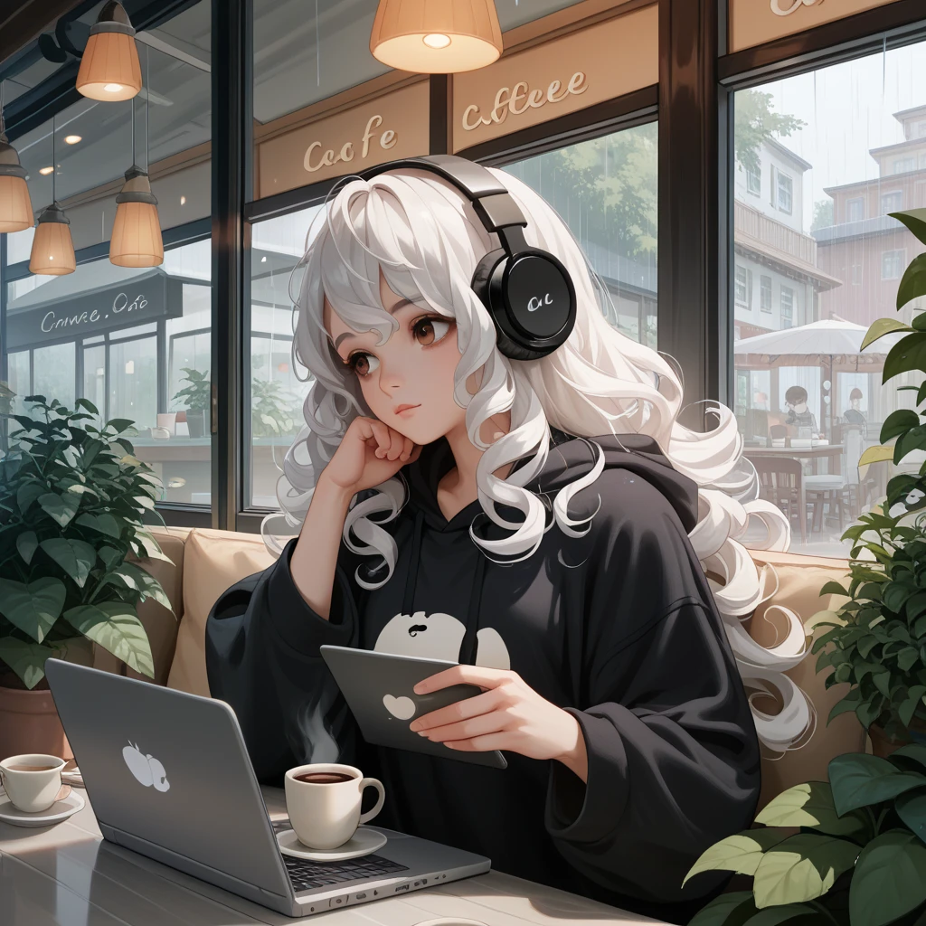 The most beautiful girl ever, Cafe、 headphones、rain、white hair, Long Hair, High Resolution, High Resolution, High Details, brown eyes, curly hair, coffee, oversized hoodie, laptop, tablet, lots of coffee mugs, plants in background with cafe, 