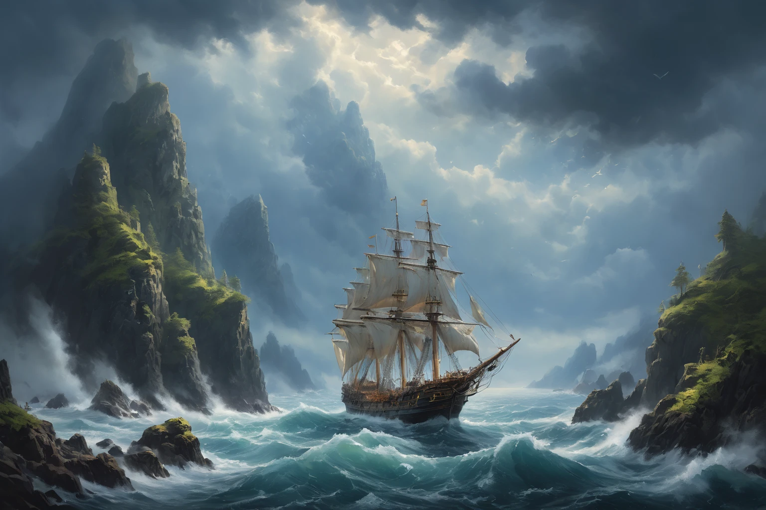 (A sailboat in water ), (Ship battle at sea )) , (sea battle ), ( beautiful battleship and large medieval sailing frigate) , ( a rock plateau in the sea on which a sprawling cedar grows).  High black mountains with snow on the tops ,  goes into the clouds  , (  a huge cedar with many branches from ground to clouds  ),      a high black plateau with steep slopes  ,   moss grows on top of a plateau ,  lots of air    , cliff, the waves of the sea are raging    ,     the sky before the thunderstorm    ,     light through the clouds     .     reflections in water    .     The Abyss of the Dark Sea    , 4K, concept art, fantasy, blue tones,    very detailed oil painting   , Aivazovsky style,    high view from afar   .
