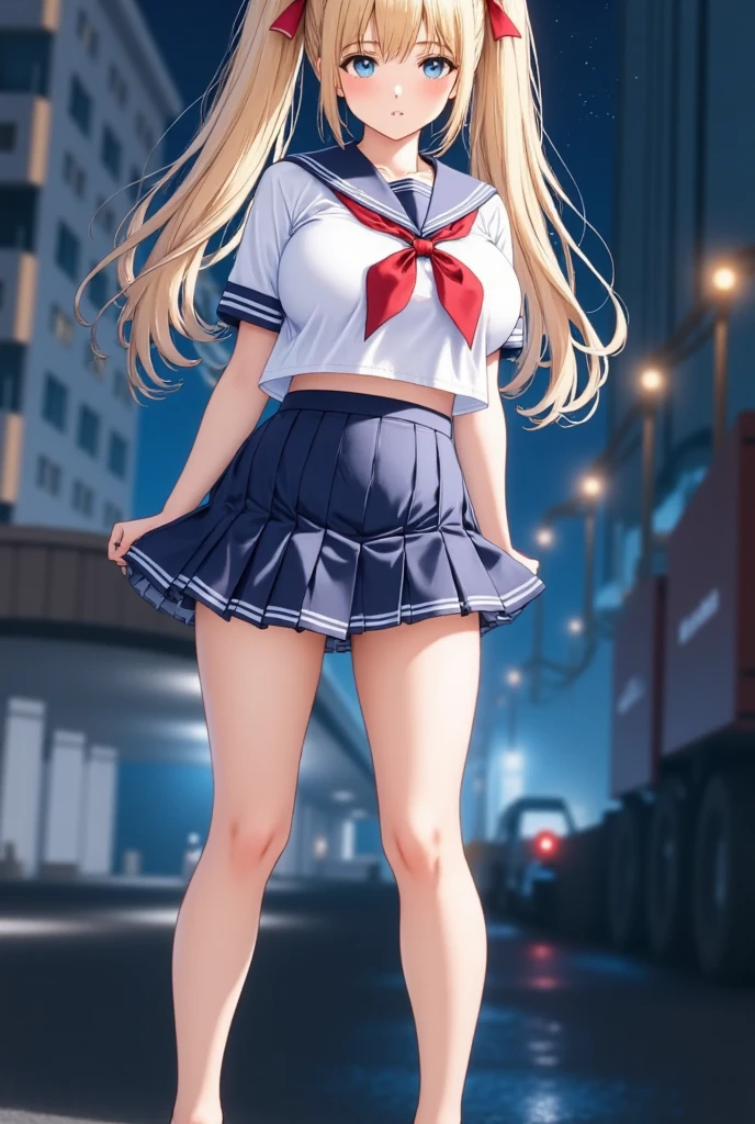 (masterpiece), best quality, expressive eyes, perfect face,girl, 1 girl, 18yo, Blonde, twintails, (((big titts))), dark blue eyes, (serious high school girl), school uniform,  sailor suit, middy uniform, (white shirt), red ribbon, (((((walking street))))), wet hair, standing, (brown school shoes), (full body), ((tsurime)), long shot, smile, ((( evening cityscape)))