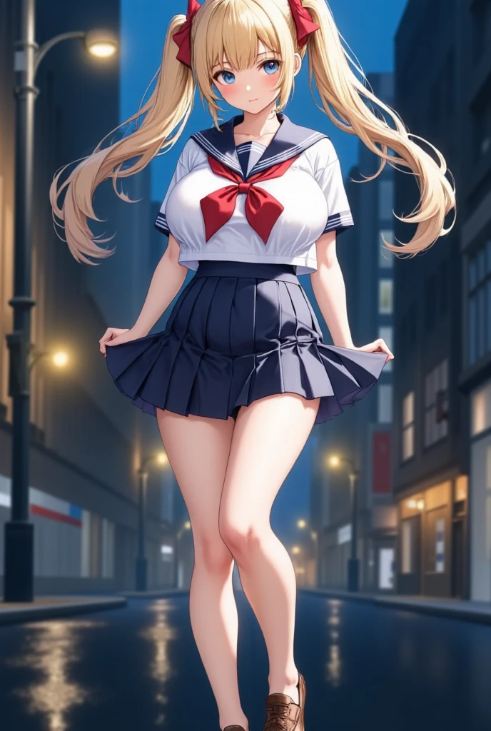 (masterpiece), best quality, expressive eyes, perfect face,girl, 1 girl, 18yo, Blonde, twintails, (((big titts))), dark blue eyes, (serious high school girl), school uniform,  sailor suit, middy uniform, (white shirt), red ribbon, (((((walking street))))), wet hair, standing, (brown school shoes), (full body), ((tsurime)), long shot, smile, ((( evening cityscape)))