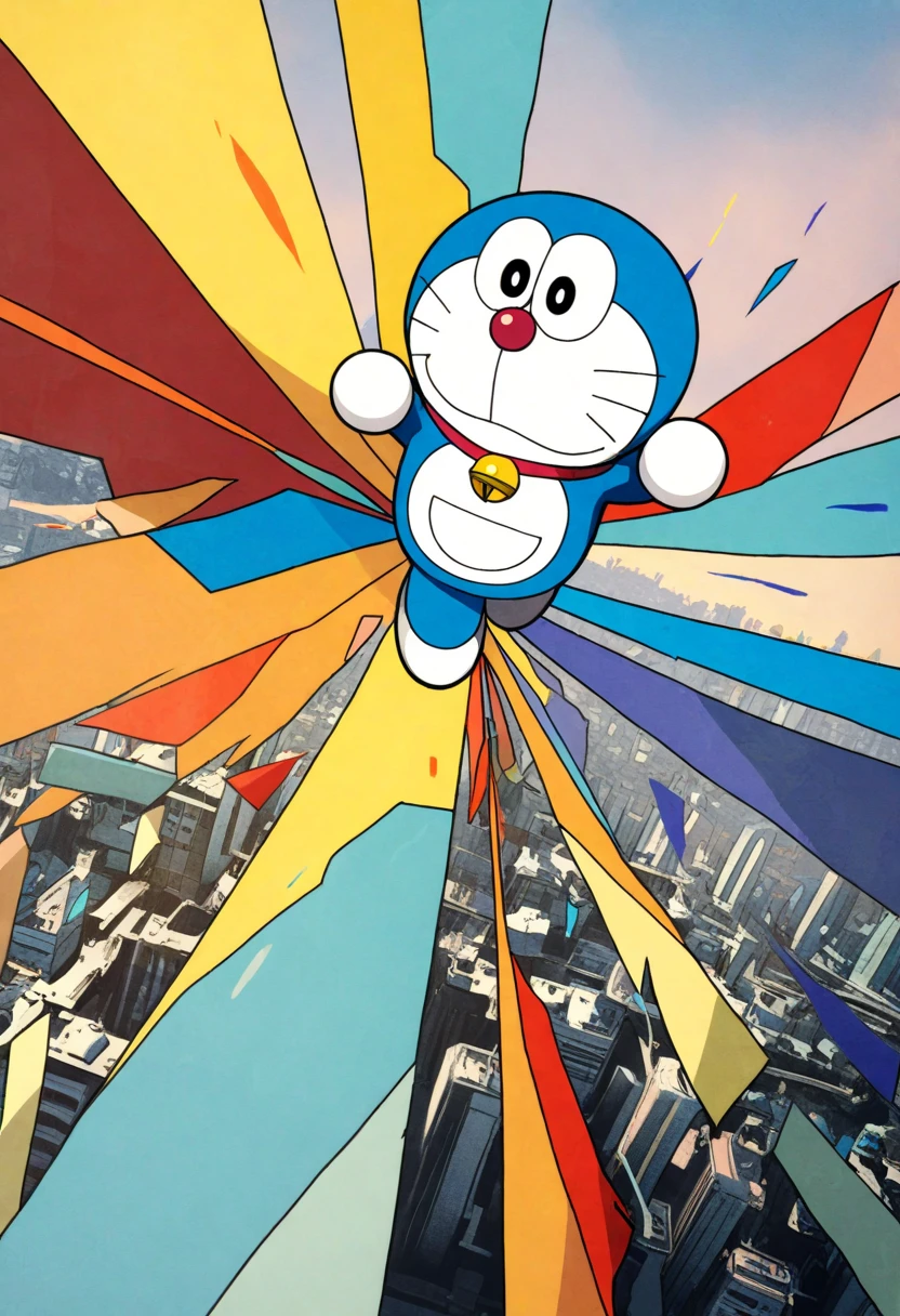 Cubism style,illustration,best quality,unique cubism perspective,vibrant texture,Impasto,3D-like thick paint strokes,abstract geometric forms,fragmented composition,vivid contrasts,1robot\(doraemon),blue body,semi-abstract form,quirky tools integrated into its design,modernist influences,cityscape background,deconstructed buildings,vivid yellows and reds for contrast