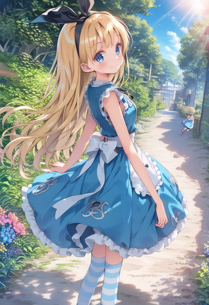 [  WAI-ANI-NSFW-PONYXL  :100],
score_9, score_8_up, score_7_up, score_6_up, score_5_up, score_4_up, masterpiece, best quality, source_anime,
alone,cute 1girl,(loli),blonde hair,straight long hair,blunt bangs,Black ribbon hairband,blue eyes,blush, smile,( Alice in Wonderland costume ), black and white striped stockings,pastel hues,walking in the seaside path,blurred edges,nostalgic mood,(dappled sunlight:1.2),blurry,(depth of field:1.1),Delicate rural landscape ,blue sky,arched back、 beautiful flower field on one side 、Look down and smile、リフトスカート、(beautiful detailed eyes)