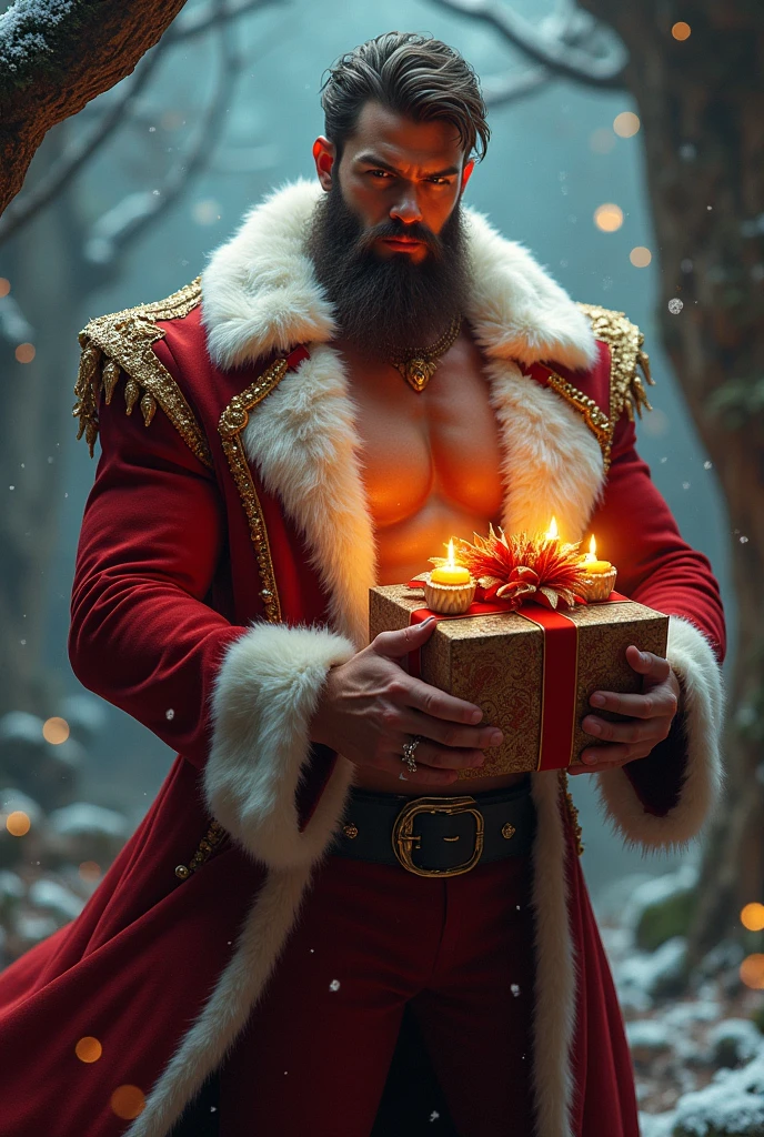 A sexy male Santa Claus holding Christmas gifts in his hands in a fantasy scene