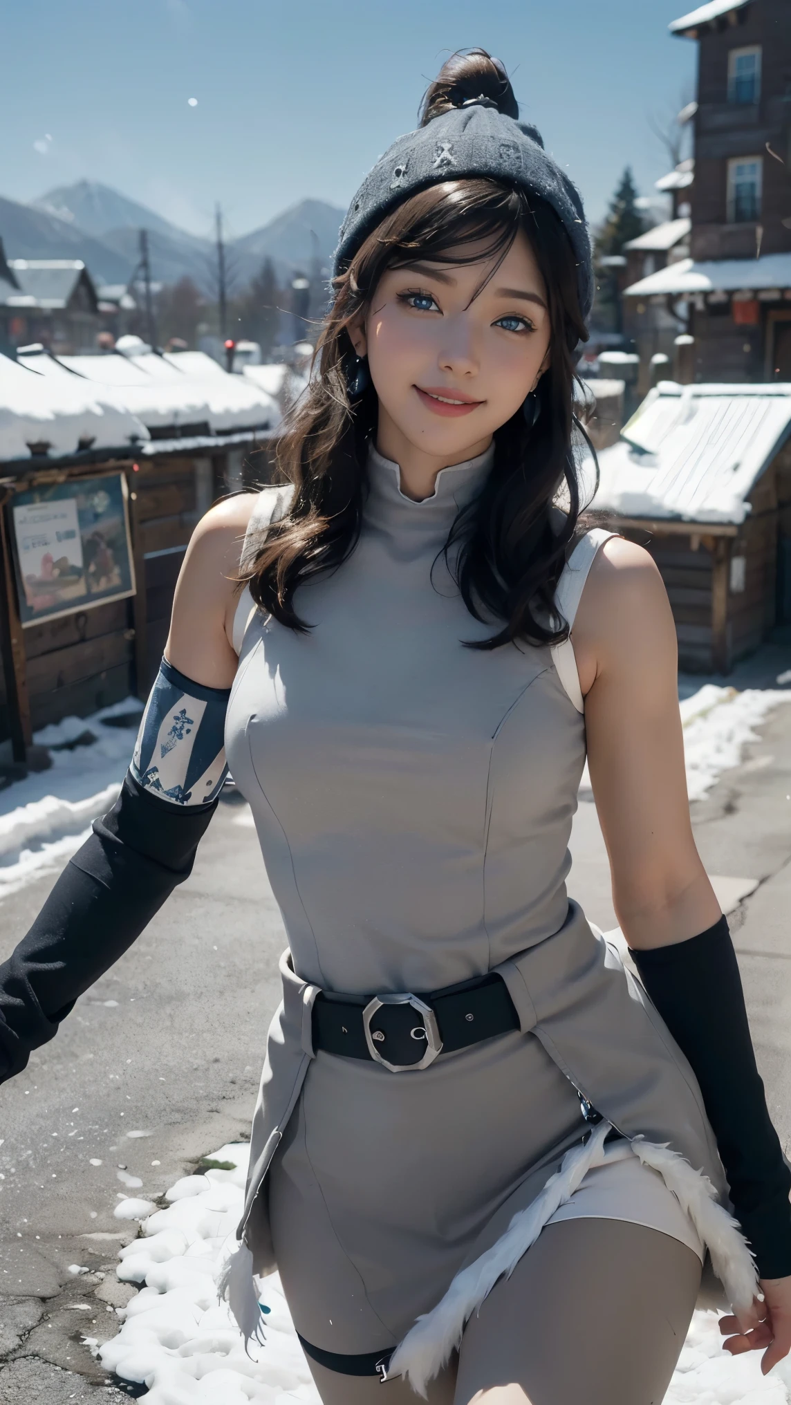 Korra,(best qualityer,4K,8k,high resolution,work of art:1.2)(weather: winter), Mondstadt mountain background, Christmas street, sleeveless gray winter hoodie, elbow long fingerless mittens, black belt, tight beige pencil skirt, black pantyhose, tribal tattoos, winter high heels, small earrings, winter beanie, cheek mole, short straight hair, short black hair, ultra detailed, realistic, portrait,beautiful detailed sapphire blue eyes, glowing eyes,blush,beautiful detailed lips,extremely detailed eye and face, long eyelashes,sexy,average, large breasts,beaming smile, flirty smile, powerful girl, stretching pose, stunning curves, bright coloured, dramatic lighting, Christmas decorations,