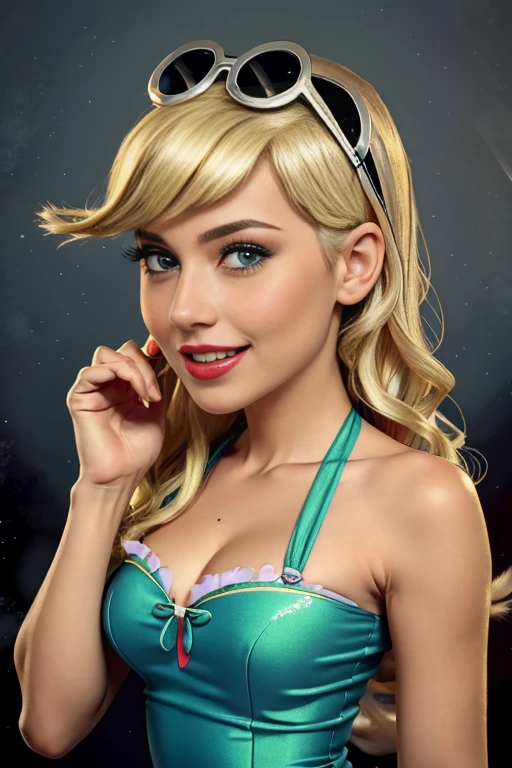 (The best quality, 4k, 8k, High Resolutions, masterpiece:1.2), ultra detailed, detailed face, Detailed lips and eyes......, cute makeup , attractive appearance, expressive face, realist,
TO BREAK  Loud ,beautiful caucasian woman with shoulder length messy wavy blonde hair,short blonde hair , brown eyebrows, big blue eyes, clear skin, slim and athletic, Long hair , blond hair,
TO BREAK  (dynamic  pose)  ,Nice smile,  Soft sunlight illuminating the scene, Subtle movement of the wind in the hair, cheerful expression, gloomy atmosphere, Suave, Natural lighting that emphasizes your features......, Subtle shadows that add depth and dimension to the image......, (maduro) , posing sexy , cute makeup , Red lips , blue eye shadow , leni loud , She is wearing a turquoise dress, black glasses on the head, happy , Whole body 