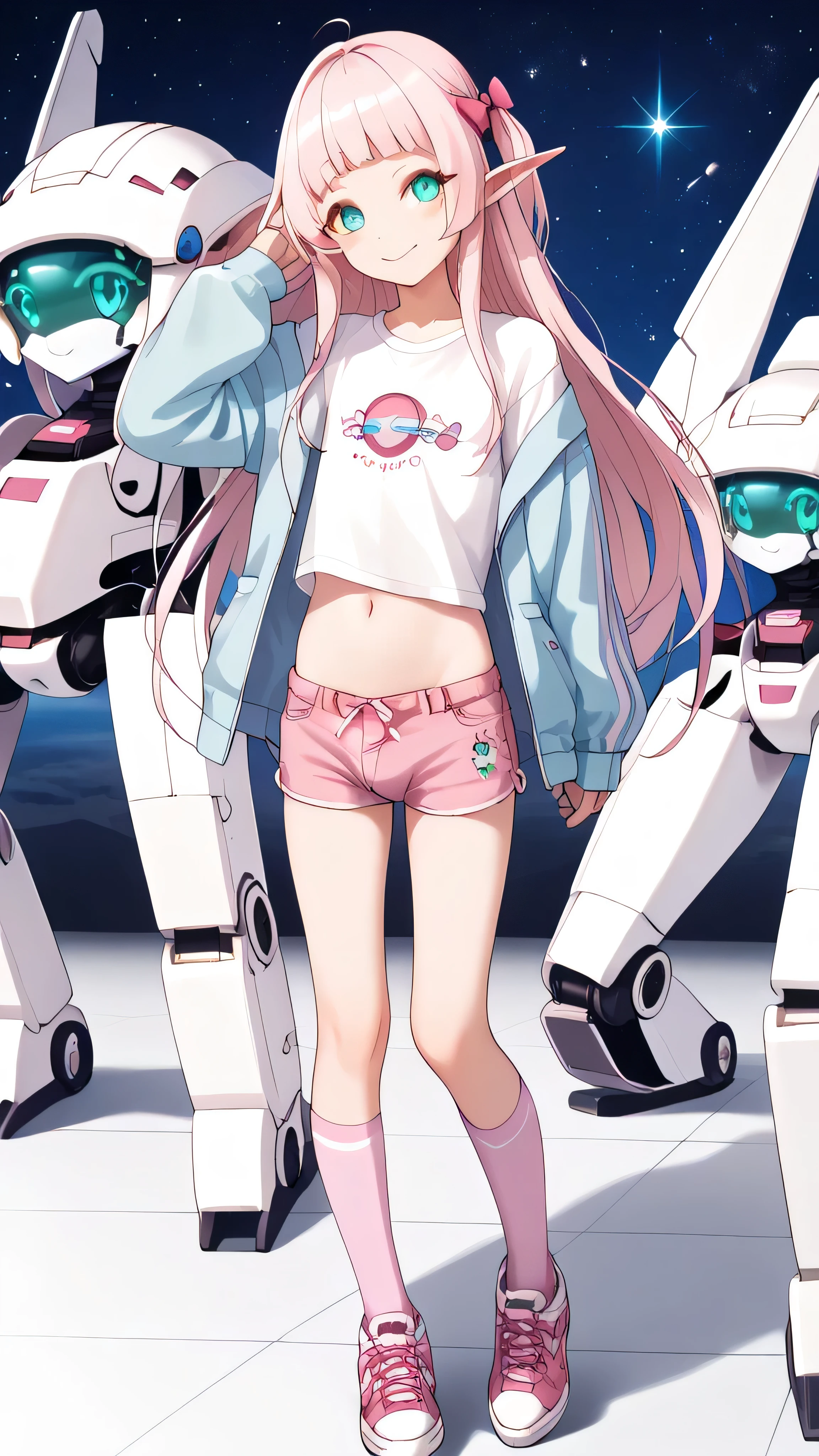 (((best quality))), (((masterpiece))), anime, space station(((a giant robot))), elf, 1 male, otoko no ko, 23years old, light_pink_longhair, turquoise_eyes, crossdressing, girly, casual jacket, t-shirt, short pants, focus navel, pink kneehighs, bulge, sneakers, space style wear, looking at viewer, non censored, light smile, matured, fullbody