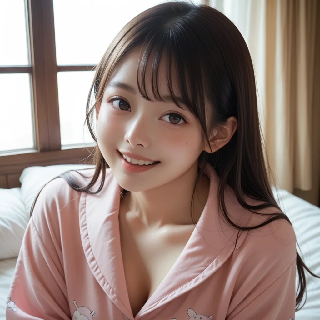 (score_9,score_8_up,score_7_up,Extremely high quality pictures ),  1 girl , Alone、Teenage Japanese woman 、In pajamas、 upper body raised in bed、 looking at me with a smile 、Bright sunlight coming through the window 