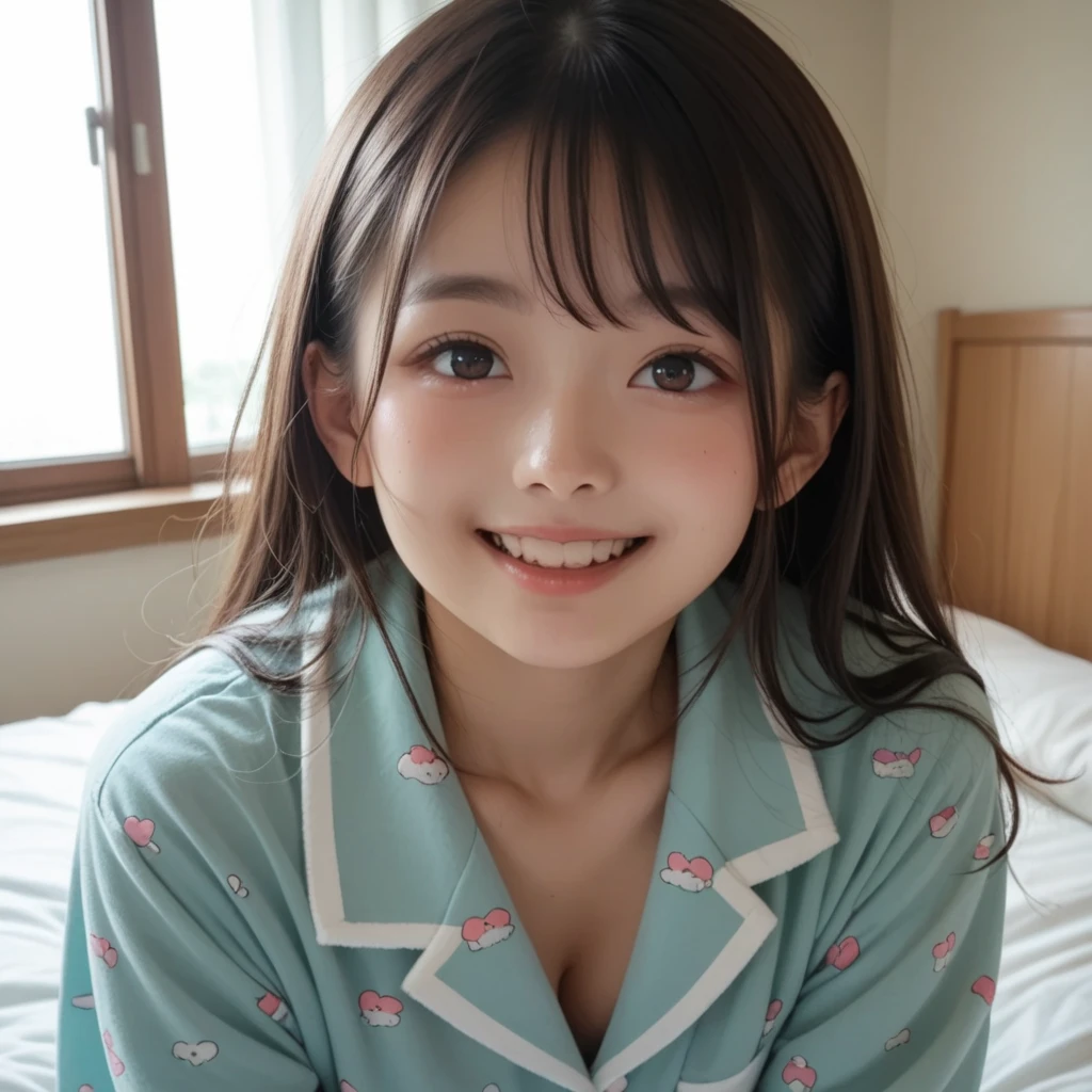 (score_9,score_8_up,score_7_up,Extremely high quality pictures ),  1 girl , Alone、Teenage Japanese woman 、In pajamas、 upper body raised in bed、 looking at me with a smile 、Bright sunlight coming through the window 