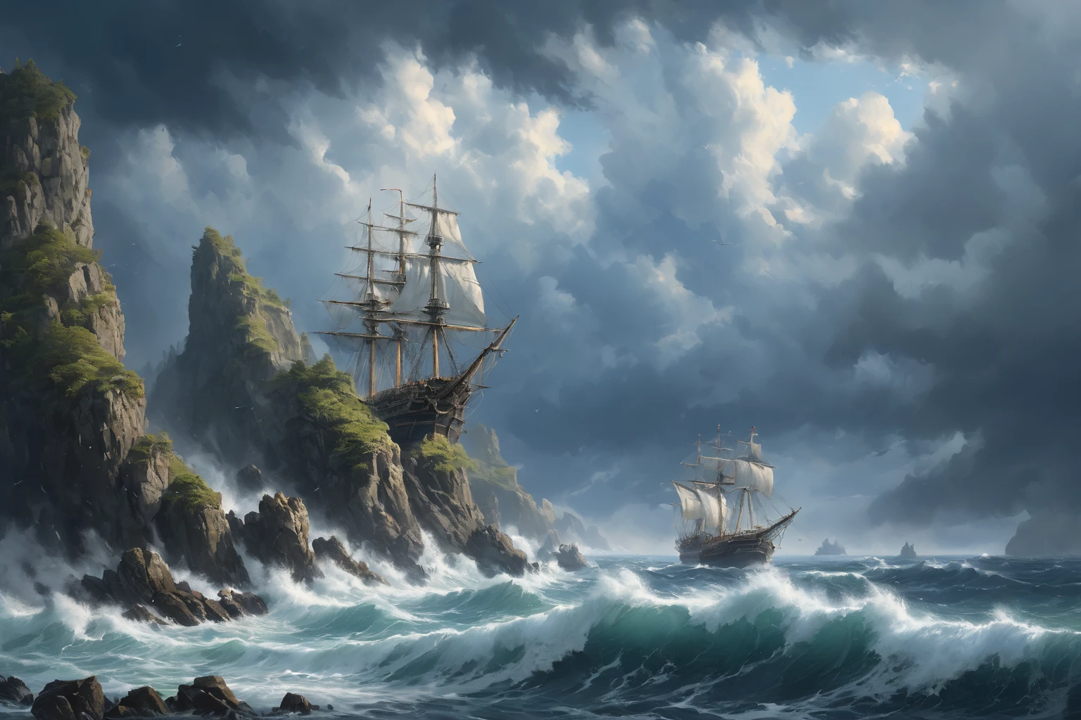 (A sailboat in water ), (Ship battle at sea )) , (sea battle ), ( a beautiful battleship and a large medieval sailing frigate) , ( a stone plateau in the sea on which a sprawling cedar grows ).  High black mountains with snow on the tops ,  goes into the clouds  , ( a huge cedar with many branches from the ground to the clouds  ),      a high black plateau with steep slopes  ,   moss grows on top of a plateau ,  lots of air    , cliff, the waves of the sea are raging    ,     the sky before the thunderstorm    ,     light through the clouds     .     reflections in water    .     The Abyss of the Dark Sea    ,  ((huge white colossus bones in water )), (( huge bones of a big creature covered in moss on land)) , 4K, concept art, fantasy, blue tones,    very detailed oil painting   , Aivazovsky style,    high view from afar   . raging sea. ( in the highest detail) , ( masterpiece fails), ( dynamic composition ), ( realistic fantastic lighting ) , (blue tones), (bright light through clouds ) , ( Lots of Details ), ( High detail).
