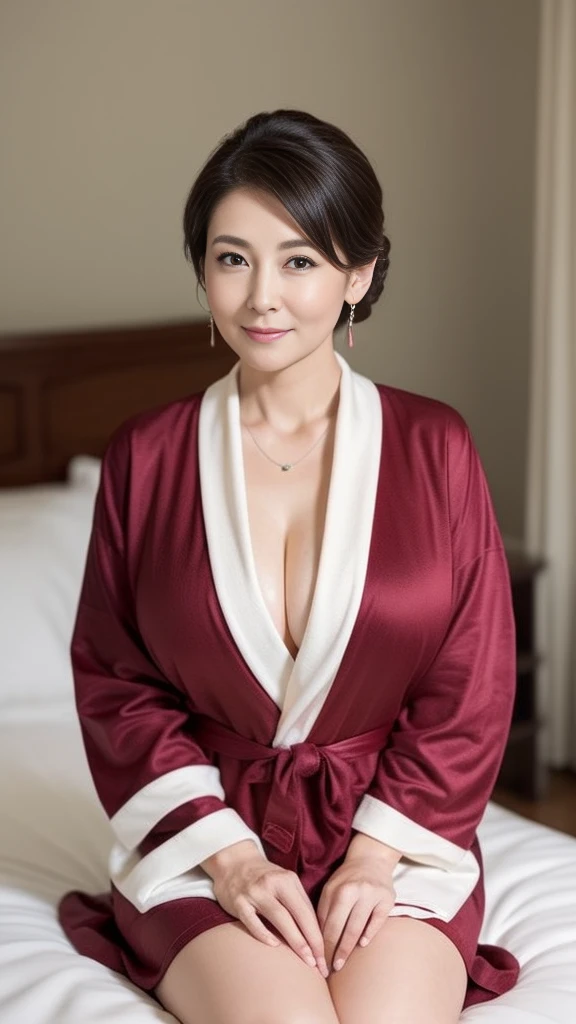  Masterpiece, top quality, (Dear. :1), ,（Sitting on a luxurious bed:1.8)、 beautiful lighting arranged in an orderly manner、 staring at me、Full body photo night，(Naked only burgundy bathrobe:1.2)、( beautiful mature :1.5)，、 long legs ， Skin Hyperdetail ，（Wrinkles around the eyes:1.5),（ small face:1.3)， Panoramic View，（ slightly chubby :1.4)、，(Big Breasts :1.2)，(Beautiful women over 60 :1.5),  （ hair is a beautiful updo:1.8)、 perfect face,,  ( detailed facial features ),  (A clean and elegant face:1.6)、 necklace、 earrings