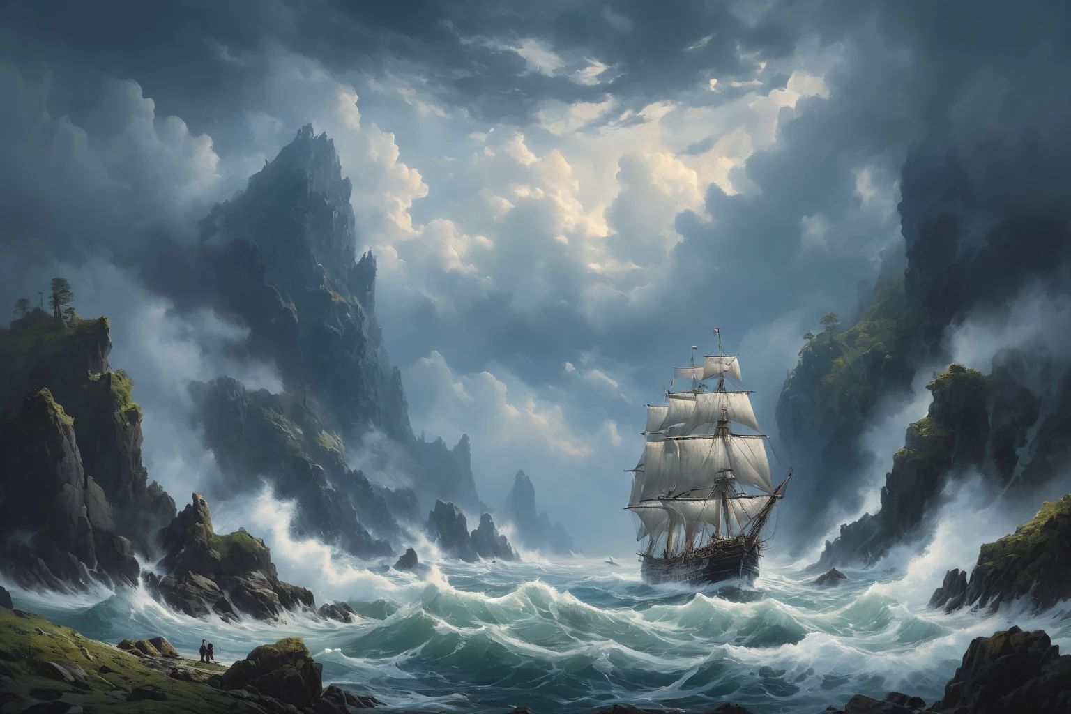 (A sailboat in water ), (Ship battle at sea )) , (sea battle ), ( beautiful battleship and large medieval sailing frigate) , ( a rock plateau in the sea on which a sprawling cedar grows).  High black mountains with snow on the tops ,  goes into the clouds  , (  a huge cedar with many branches from ground to clouds  ),      a high black plateau with steep slopes  ,   moss grows on top of a plateau ,  lots of air    , cliff, the waves of the sea are raging    ,     the sky before the thunderstorm    ,     light through the clouds     .     reflections in water    .     The Abyss of the Dark Sea    ,  ((huge white colossus bones in water )), (( huge bones of a big creature covered in moss on land)) , 4K, concept art, fantasy, blue tones,    very detailed oil painting   , Aivazovsky style,    high view from afar   . raging sea. ( in the highest detail) , ( masterpiece fails), ( dynamic composition ), ( realistic fantastic lighting) , (blue tones), (bright light through clouds ) , ( Lots of Details ), ( High detail).
