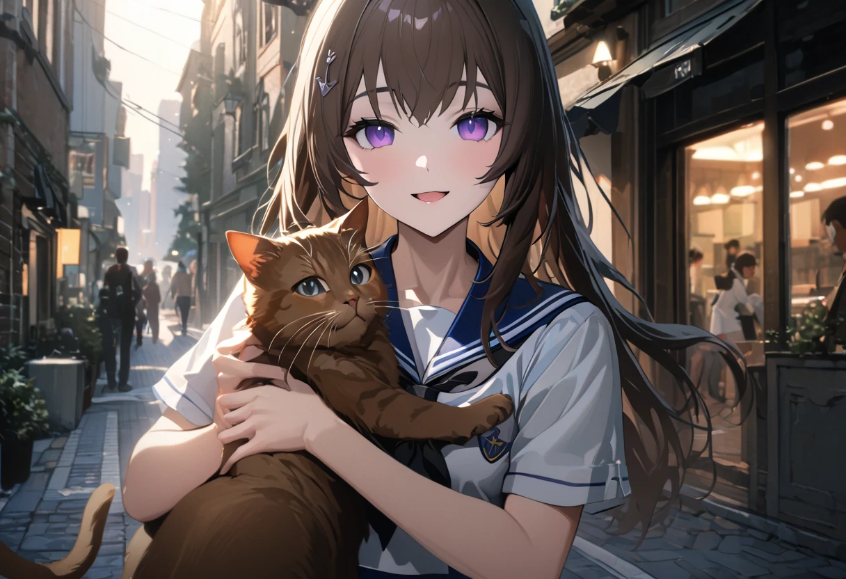 quality, semi-realistic anime, masterpiece, best quality, detailed picture, HD32k, 1girl, brown hair, purple eyes, sailor outfit, holding cat, open mouth, looking at viewer, smile, morning, shiny hair, 1cat, brown cat, outdoor, street, sidewalk, best quality, very aesthetic, absurdres, 9:13 AM
