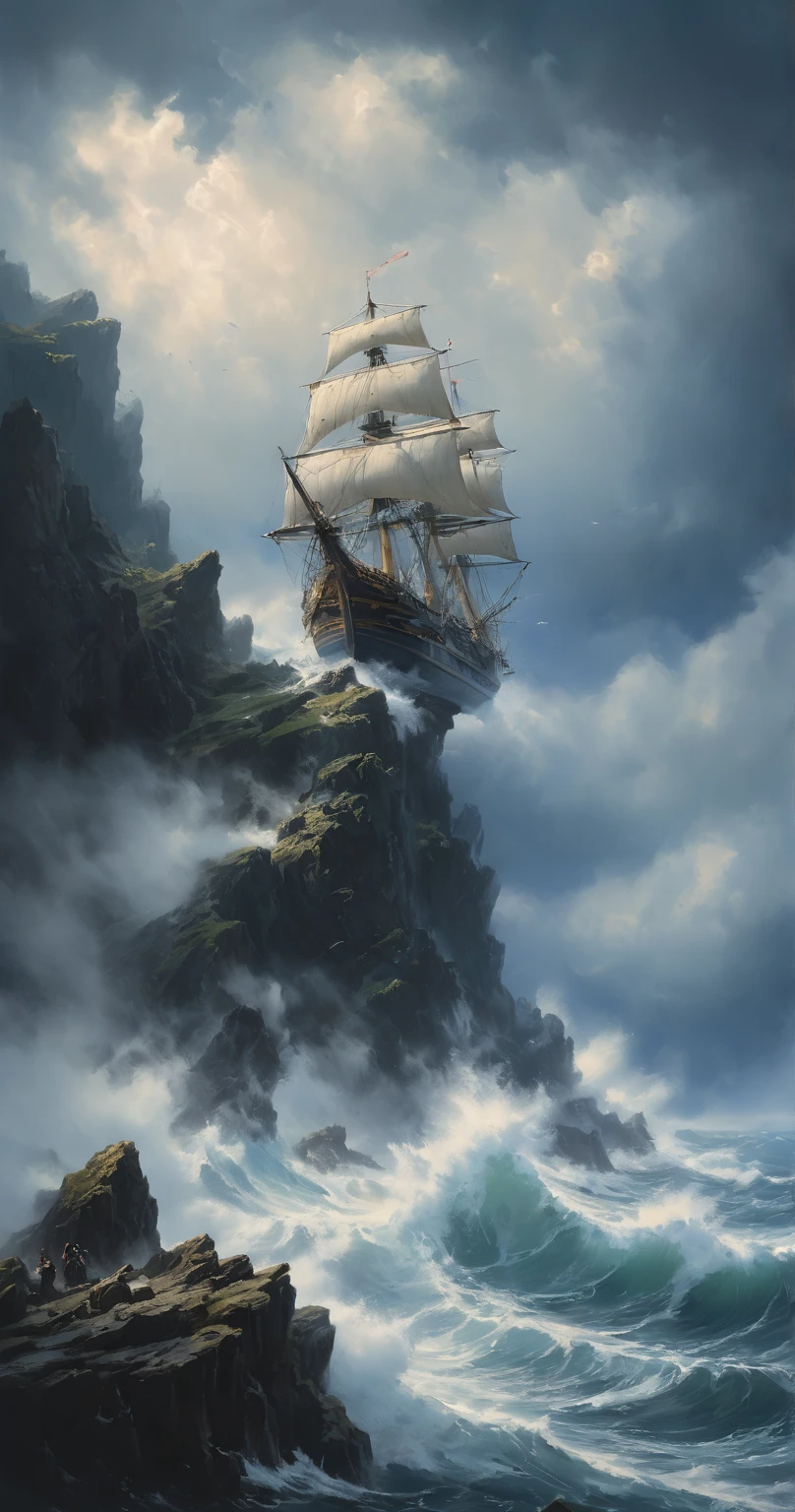 (A sailboat in water ), (Ship battle at sea )) , (sea battle ), ( a beautiful battleship and a large medieval sailing frigate) , ( a rock plateau in the sea on which a sprawling cedar grows).  High black mountains with snow on the tops ,  goes into the clouds  , (  a huge cedar with many branches from the ground to the clouds  ),      a high black plateau with steep slopes  ,   moss grows on top of a plateau ,  lots of air    , cliff, the waves of the sea are raging    ,     the sky before the thunderstorm    ,     light through the clouds     .     reflections in water    .     The Abyss of the Dark Sea    ,  ((huge white colossus bones in water )), (( huge bones of a big creature covered in moss on land)) , 4K, concept art, fantasy, blue tones,    very detailed oil painting   , Aivazovsky style,    high view from afar   , raging sea. ( in the highest detail) , ( masterpiece fails), ( dynamic composition ), ( realistic fantastic lighting) , (blue tones), (bright light through clouds ) , ( Lots of Details ), ( High detail) , ((vertical composition)).
