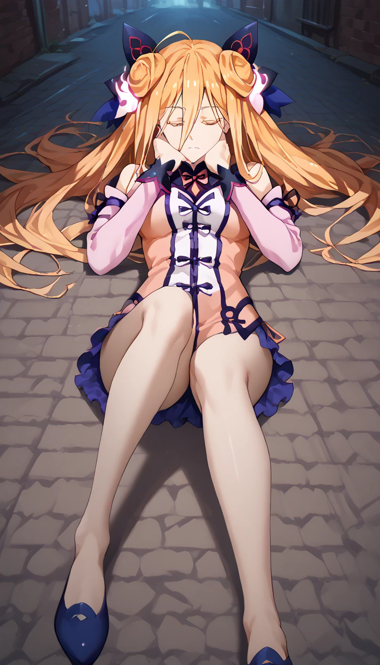 mukuro hoshimiya, date a live, callejón oscuro, spirit suit ,  lying in a dark alley,  legs folded , fetal posture , darkness, Unconscious 